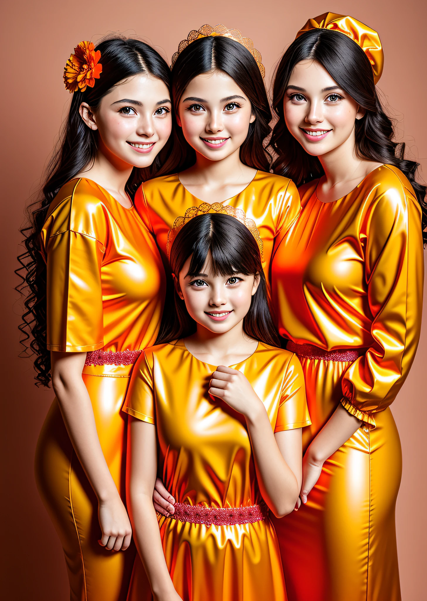 Fashion model photo, mother with two daughters, smiling, orange clothes, strong design sense, medium shot, Ukrainian girl, long hair, hair accessories, delicate skin, smile, simple background, high texture, glare backlight, studio professional lighting shiny latex