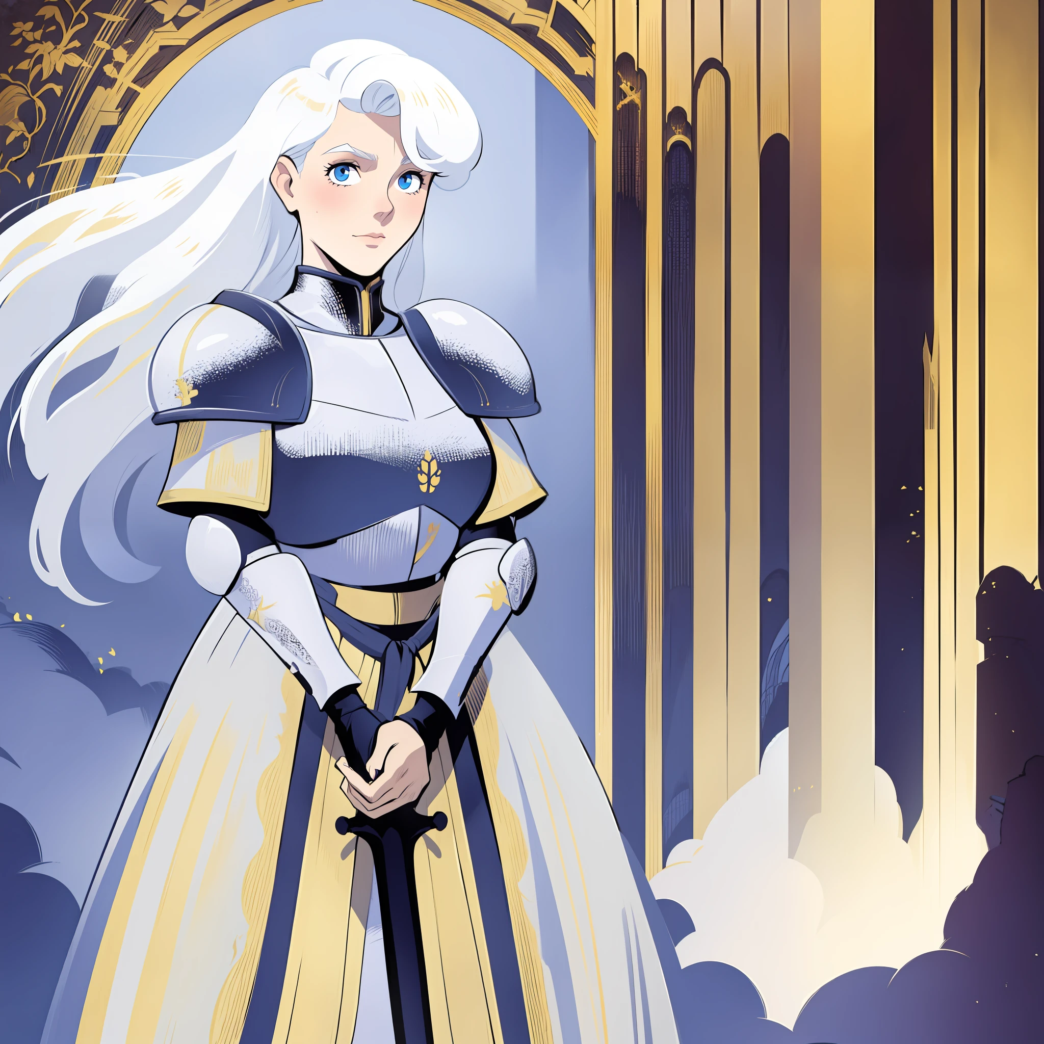 knight, young girl, sword holding , schield holding, angel, silver hair, blue eyes, portrait, 1character, full body