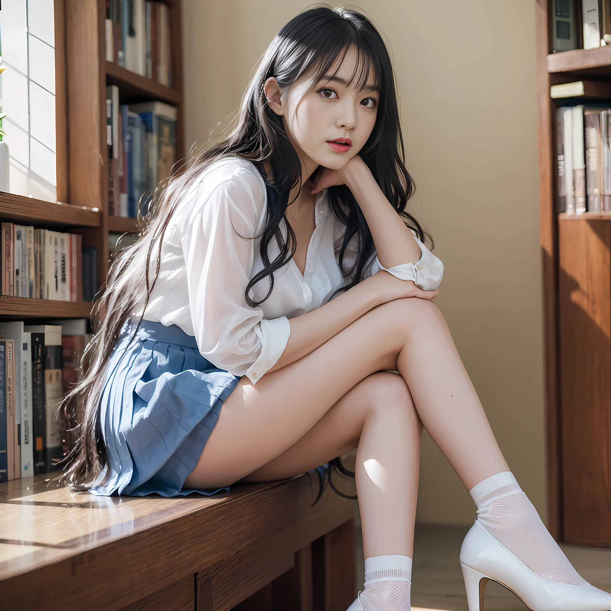 Photorealistic, live action, pale light, 22 year old beautiful gravure idol, white blouse, blue skirt, loose wavy black hair, white ankle socks, high heels, library background --auto --s2