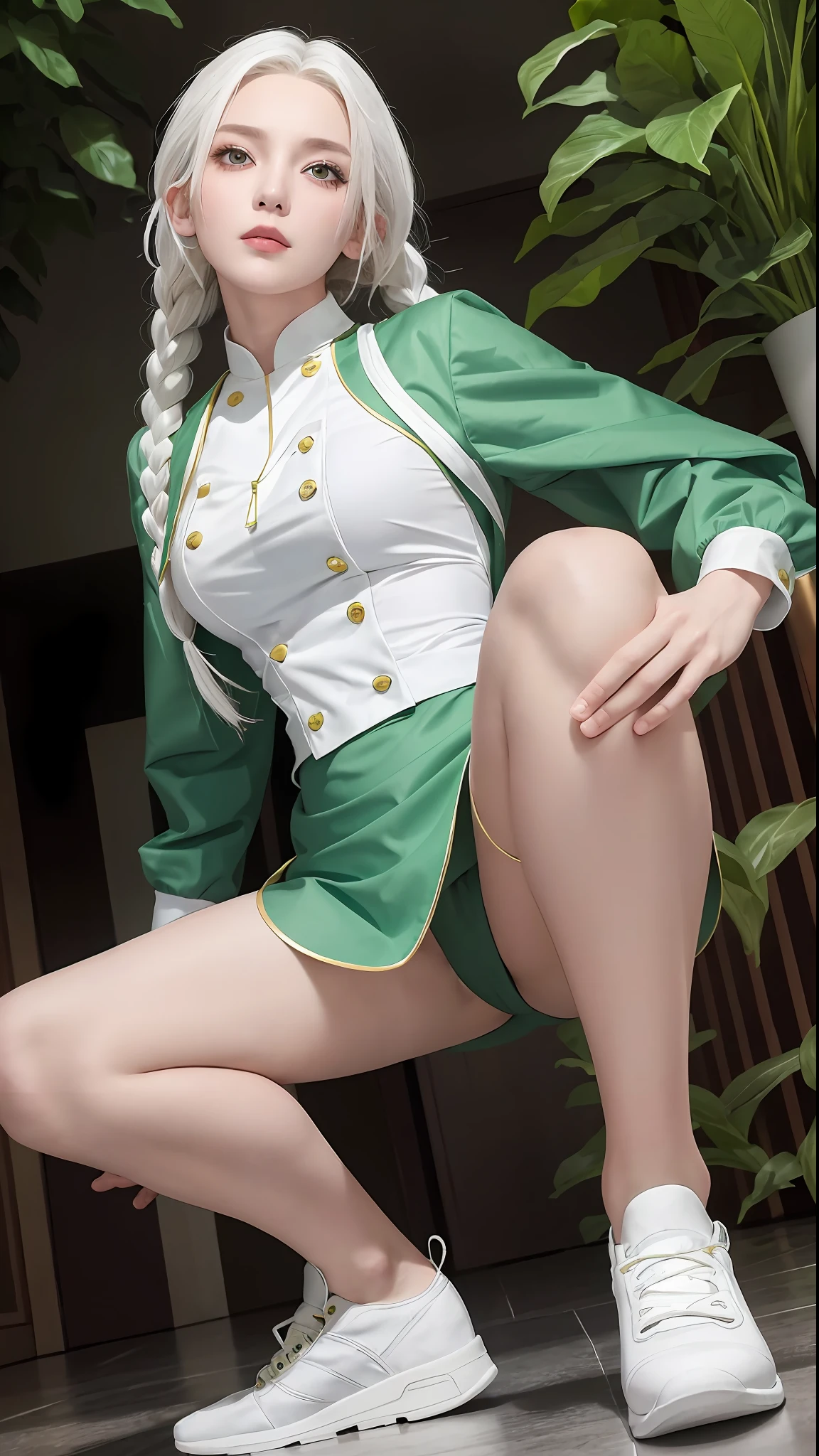 Excellent, masterpiece, white hair, golden eyes, green nurse uniform set, looking up, hair, fair skin, side braids, raised clothes, dynamic pose, squat pose, (seen from the front), legs open
