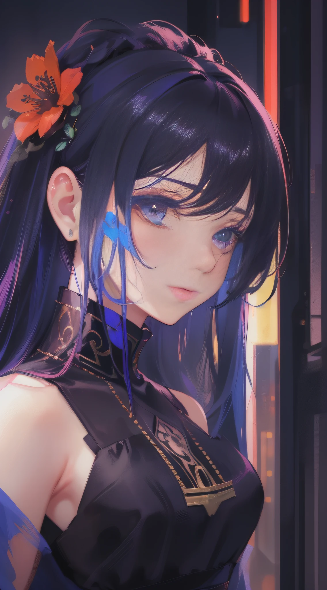 art by Cornflower, dreamy, (masterpiece, best quality,detail face,focus on face oil painting, {wallpaper 8k CG],hair ornament, realistic, Concept Art, cyberpunk,vary blue and red and pink and orange hard light, intricate light, portrait of a beautiful girl ,in the Sci-fi City at night,black skirt dress, flower pattern in dress,black gown, dynamic hair, haircut,dynamic fuzziness, beautiful and aesthetic, intricate light,manga and anime,portrait,1 girl, ,)