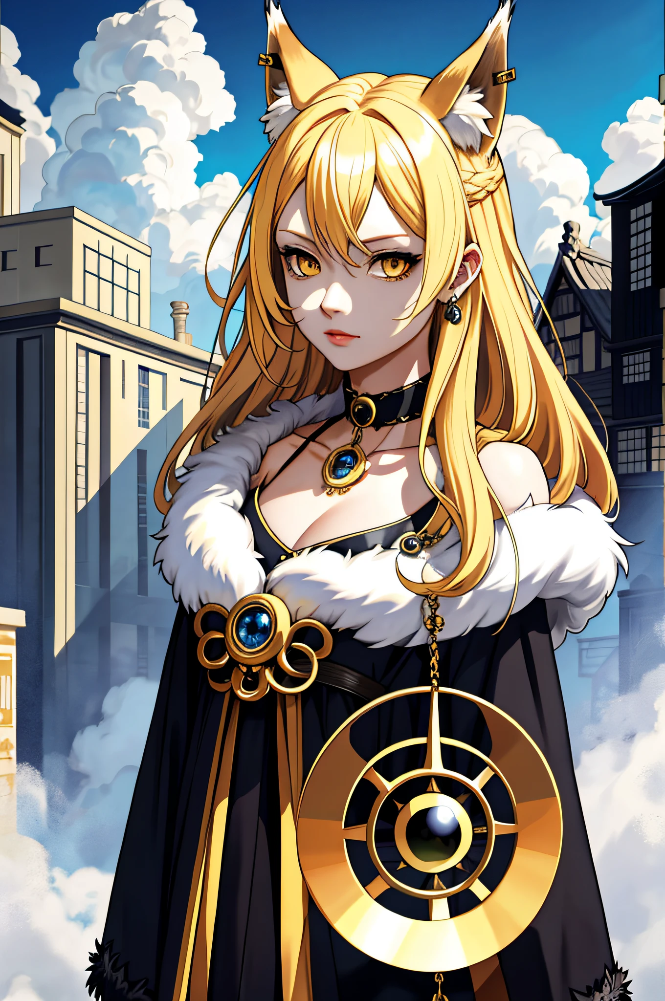 blonde long hair, Hecate, ahoge, blue black dress, fox ears, yellow eyes, fur collar,
upper body, japanese clothes,
jewelry, looking at viewer, hair ornament, choker, shy,
(masterpiece, top quality, best quality, official art, beautiful and aesthetic:1.2), (1 girl), extreme detailed, colorful, highest detailed,
city,street, leaning, wall, sun, cloud,