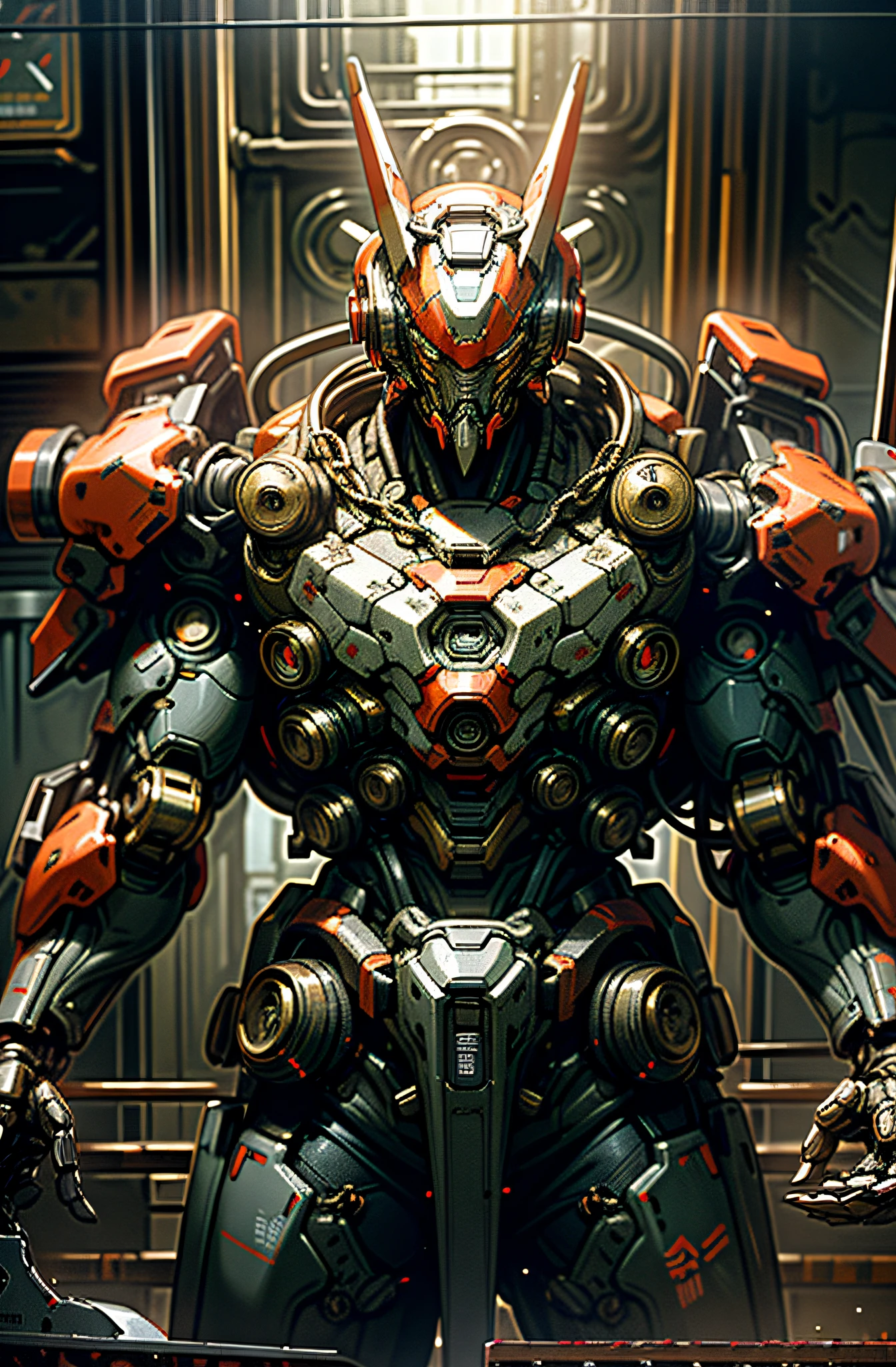 Dark_Fantasy,Cyberpunk,(chain saw,chain saw man,Red:1.1),1man,Mechanical marvel,Robotic presence,Cybernetic guardian, wearing a worn-out mech suit, intricate, (steel metal [rusty]), elegant, clear focus, shot by greg rutkowski, soft lighting, vibrant colors, masterpiece, ((street)), cowboy shot, dynamic pose,