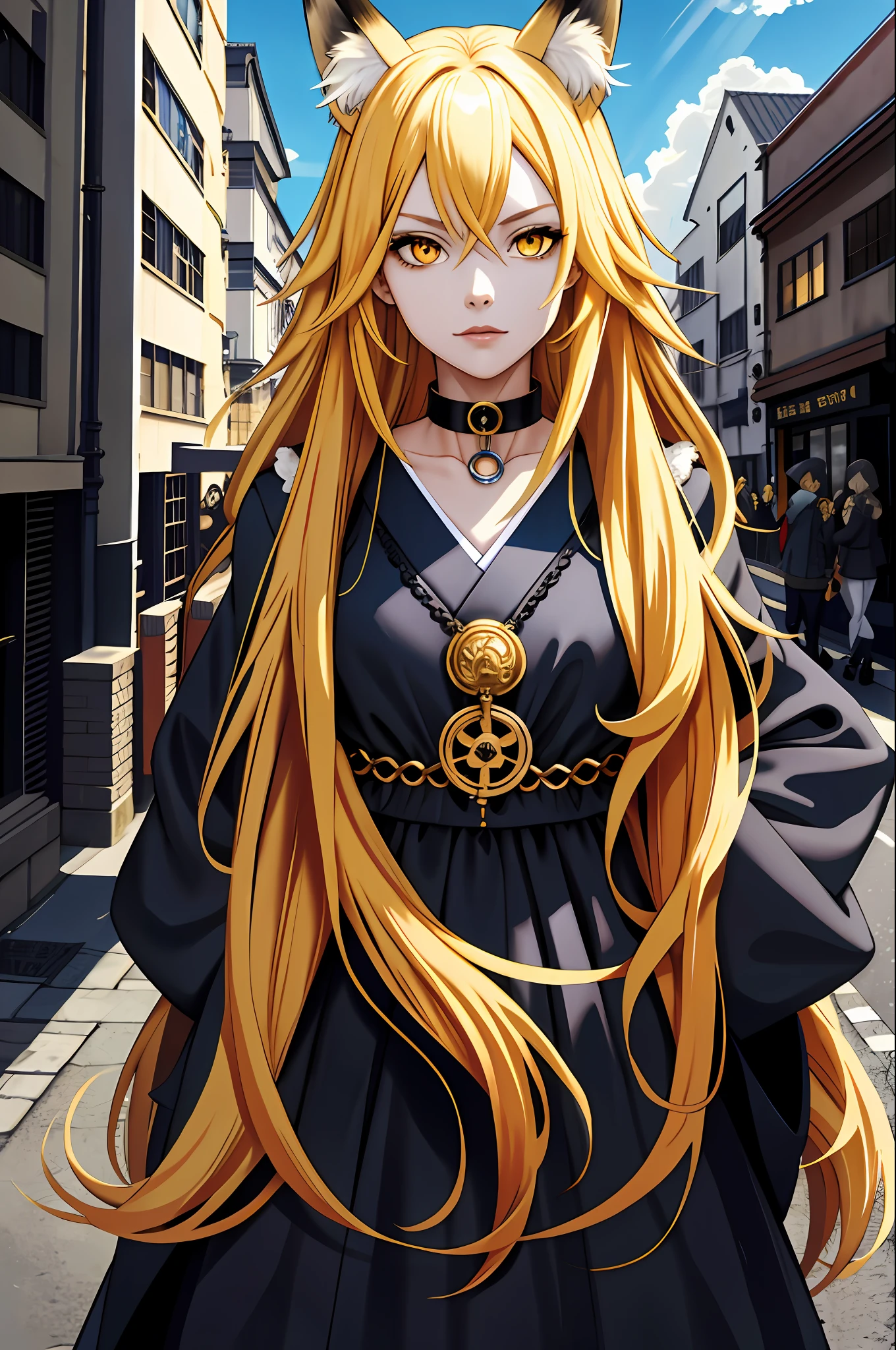 blonde long hair, Hecate, ahoge, blue black dress, fox ears,  yellow eyes, fur collar,
upper body, japanese clothes,
jewelry, looking at viewer,  hair ornament, choker, shy,
(masterpiece, top quality, best quality, official art, beautiful and aesthetic:1.2), (1 girl), extreme detailed,  colorful, highest detailed,
city,street, leaning,  wall, sun, cloud,