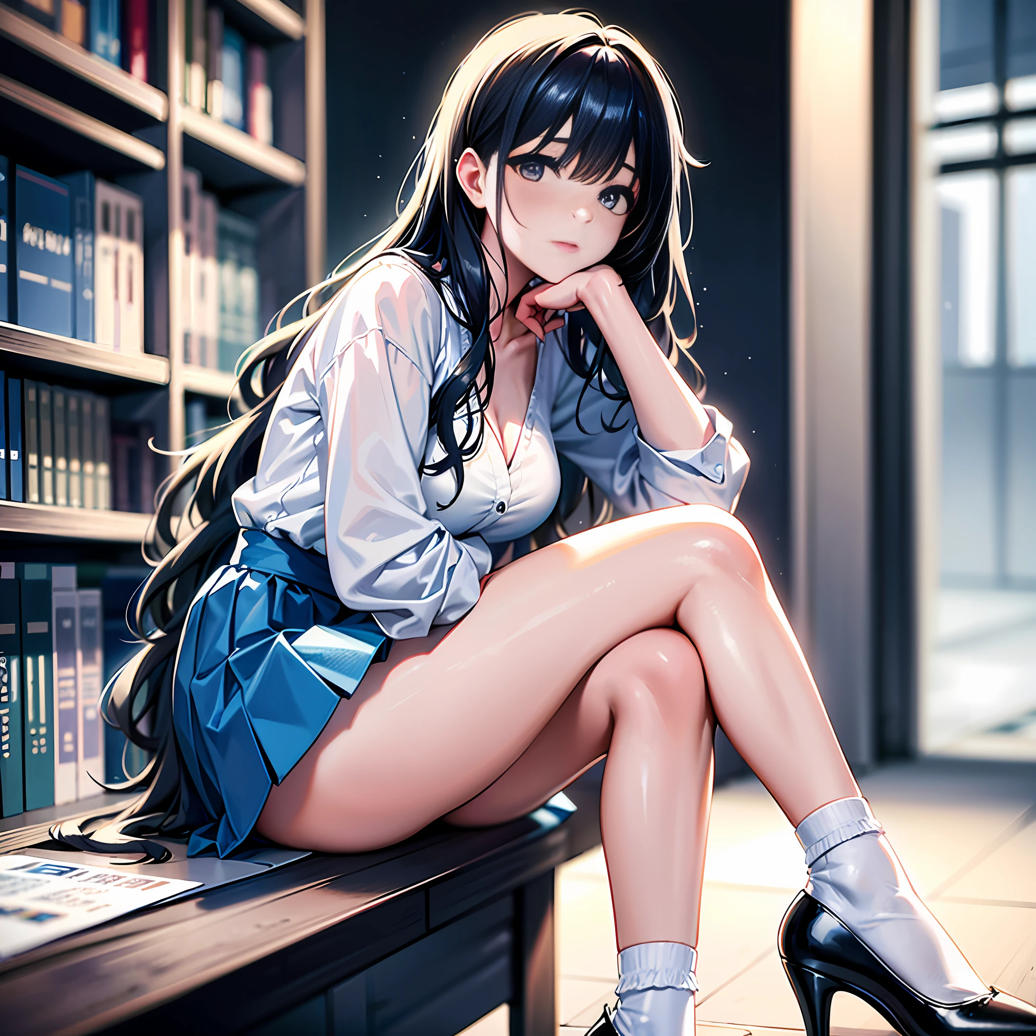 Photorealistic, live action, pale light, 22 year old beautiful gravure idol, white blouse, blue skirt, loose wavy black hair, white ankle socks, high heels, library background --auto --s2