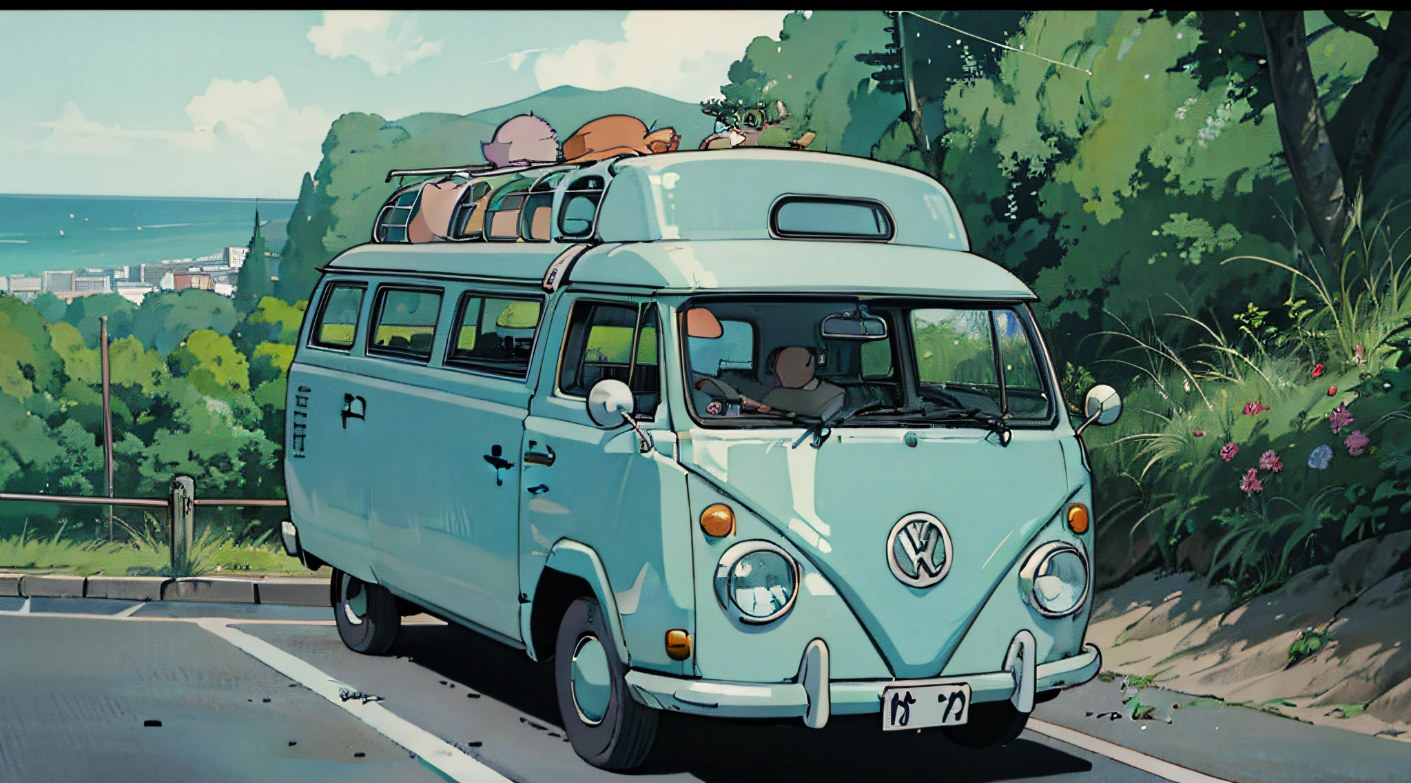 there is a van driving down the road near the beach, kombi, bulli, high quality desktop wallpaper, rob rey and kentaro miura style, amazing wallpaper, vw microbus driving, by Liam Wong, microbus, anime beautiful peace scene, kentaro miura art, by Yoshihiko Wada, vw bus on a street, 6 0 s anime art