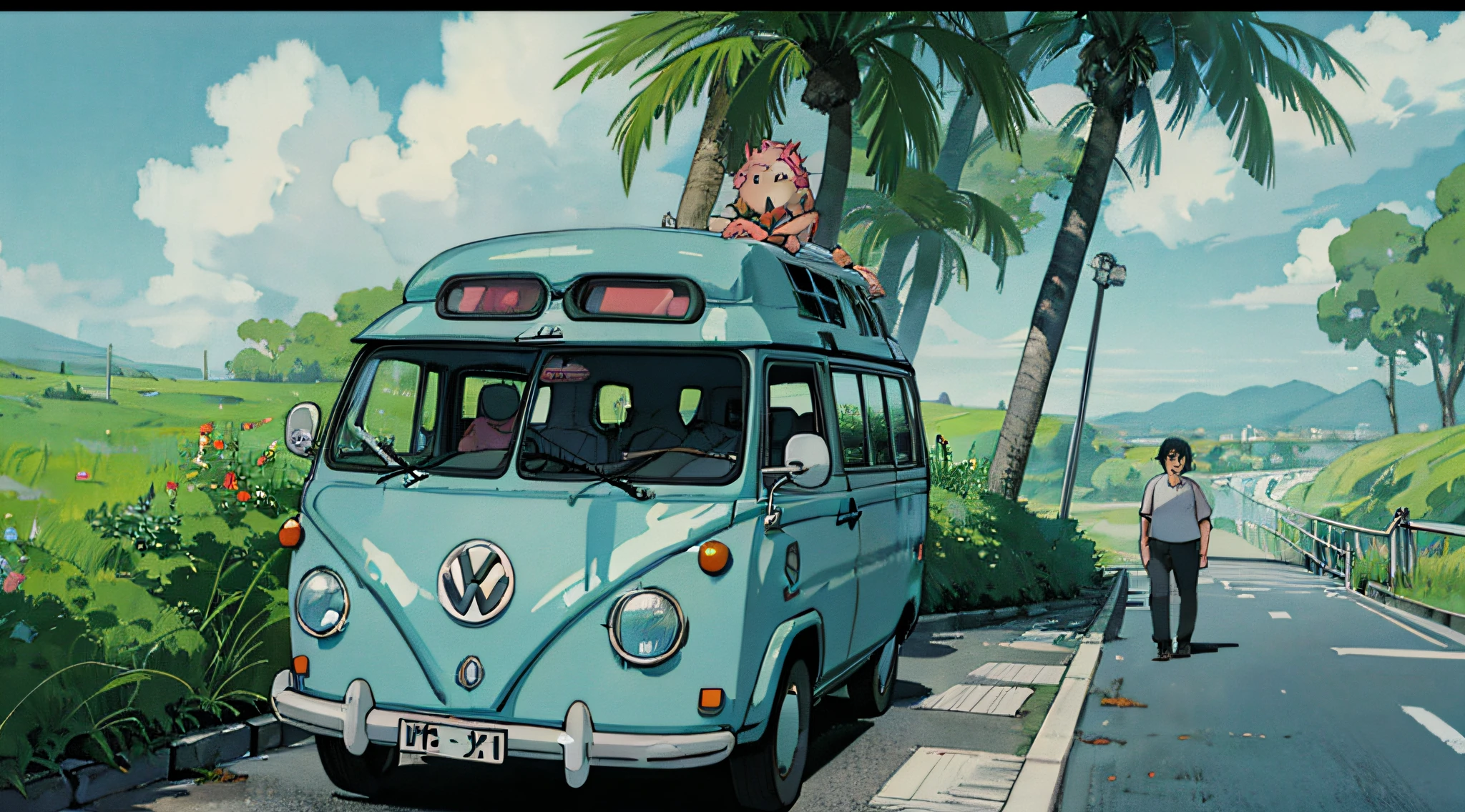 there is a van driving down the road near the beach, kombi, bulli, high quality desktop wallpaper, rob rey and kentaro miura style, amazing wallpaper, vw microbus driving, by Liam Wong, microbus, anime beautiful peace scene, kentaro miura art, by Yoshihiko Wada, vw bus on a street, 6 0 s anime art