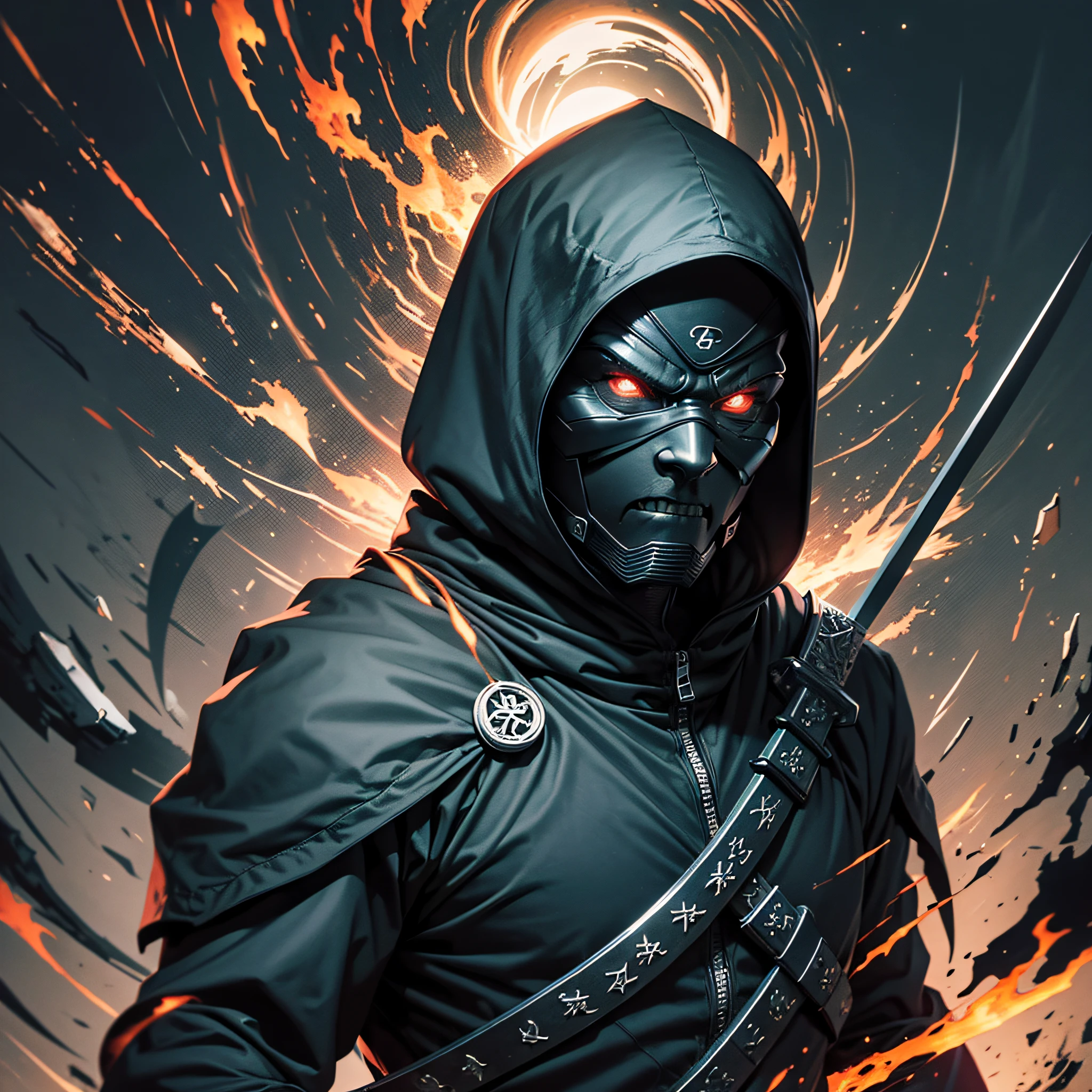 ninja man, evil, strong, all in black, evil look, sword and hood, 8k, abstract --auto --s2