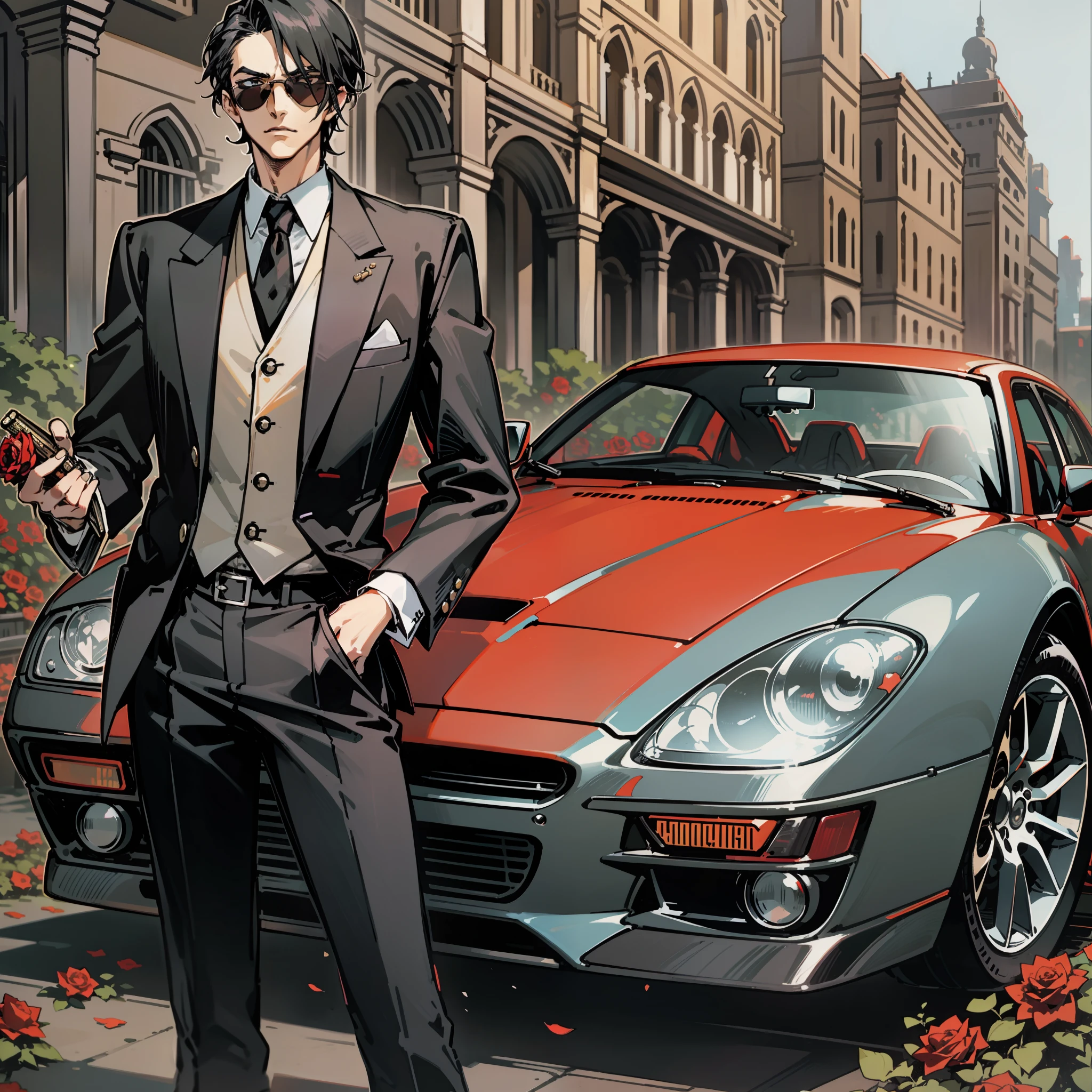 Tarot cards, young and handsome mafia godfather, short black hair, a little upturned, tall and slender, very aggressive, very bookish, very elegant and elegant!! Stand and stand!! Drive a sports car, drive a sports car! Holding a bunch of red roses!! Sunglasses, sunglasses, sunglasses!!!