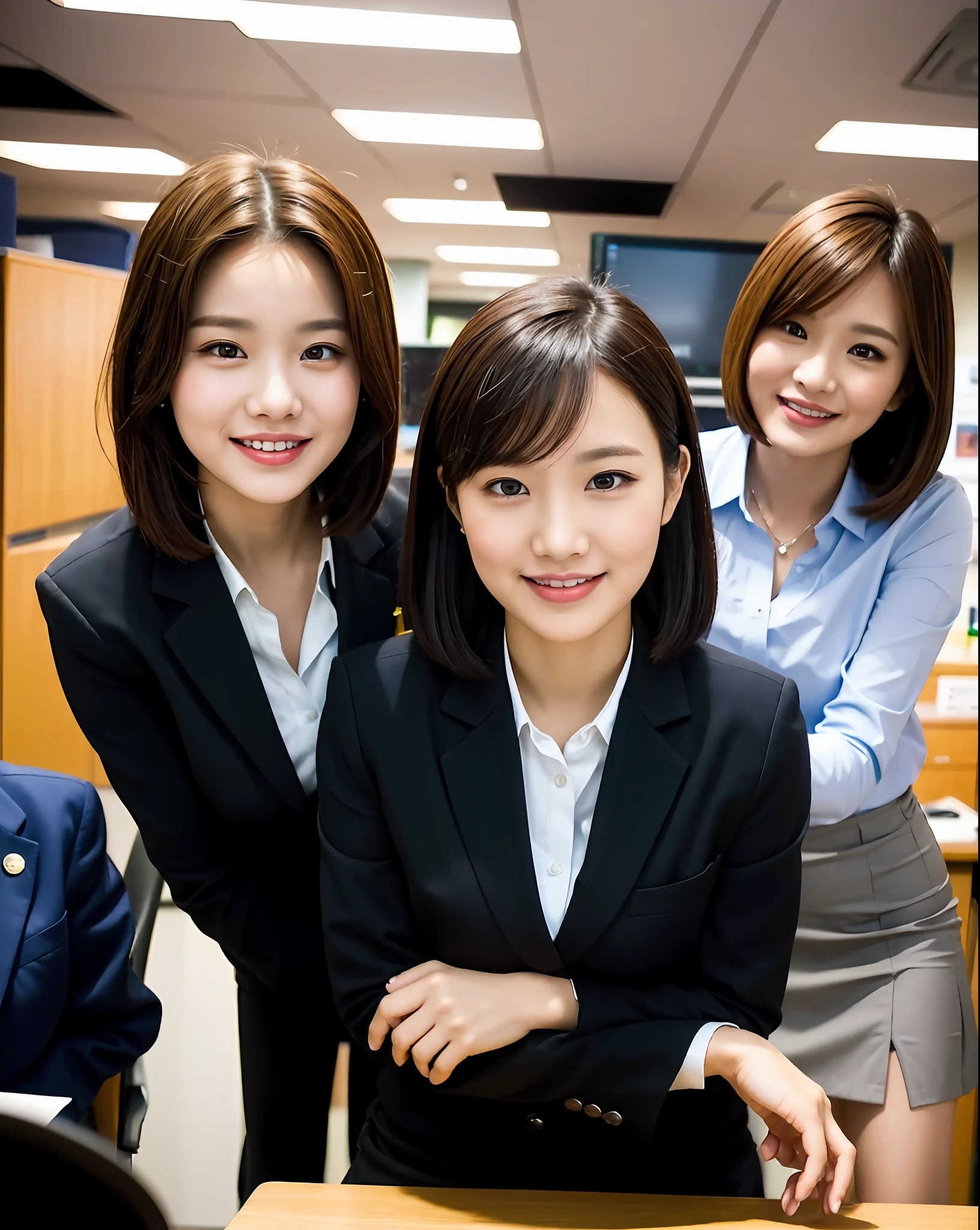 Closeup of 1 female, 35mm masterpiece, black suit, smile, mini skirt, at desk in office with other people