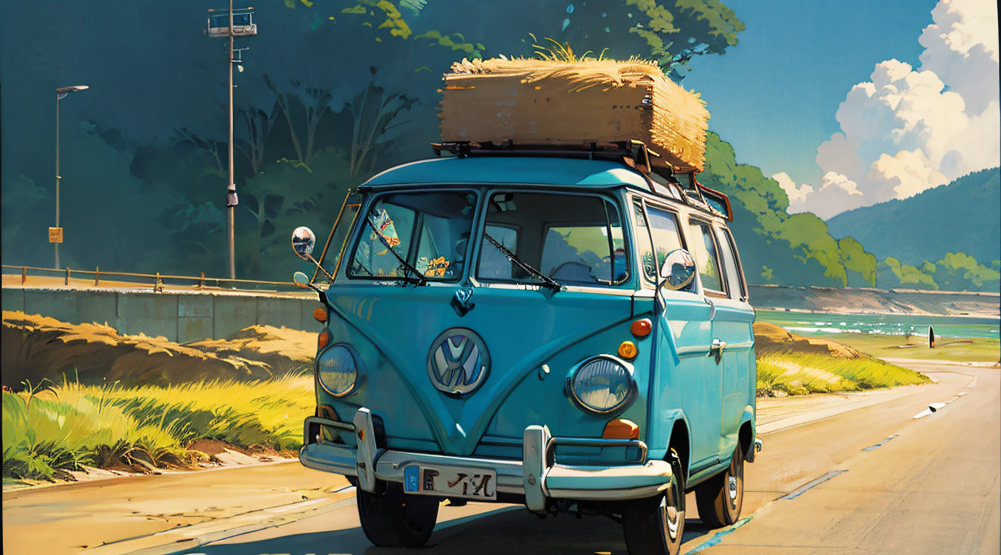 there is a van driving down the road near the beach, kombi, bulli, high quality desktop wallpaper, rob rey and kentaro miura style, amazing wallpaper, vw microbus driving, by Liam Wong, microbus, anime beautiful peace scene, kentaro miura art, by Yoshihiko Wada, vw bus on a street, 6 0 s anime art