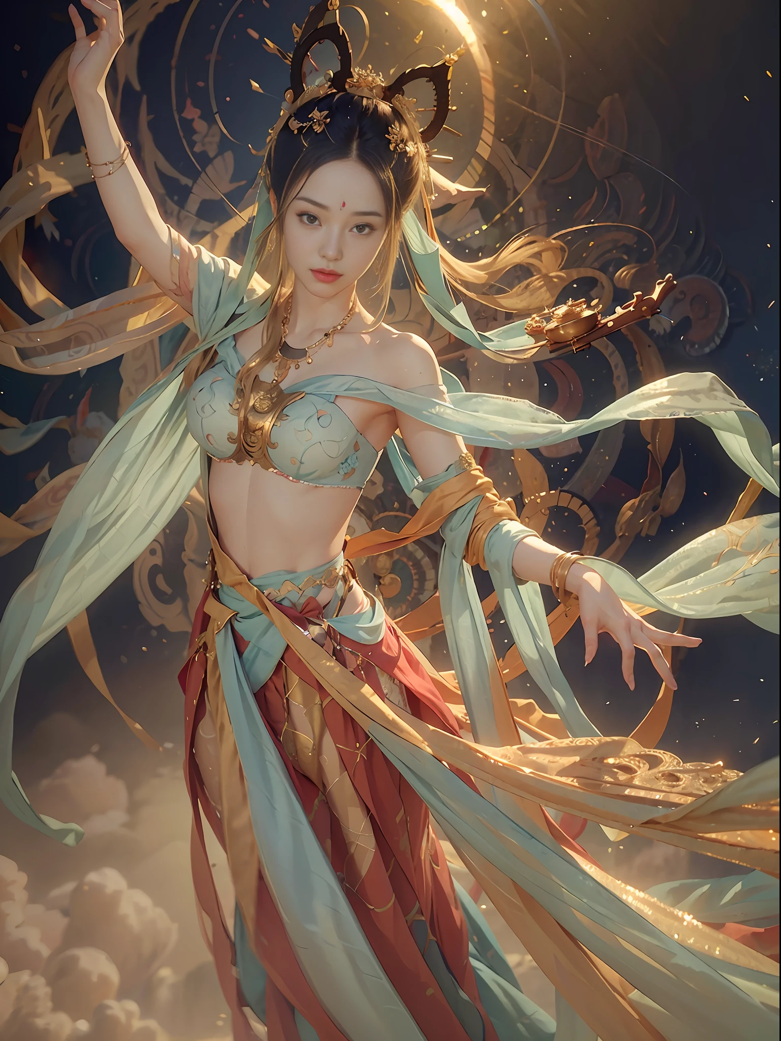 (RAW Photo, Best Quality), (Realistic, Photo Realistic: 1.3), Best Quality, Highly Detailed, Masterpiece, Hyperdetailed, Handsome, Exquisite, Real, Realism, Pipa in Hand, Dunhuang Flying Sky, Virtual Modeling, 1 Girl, upper_body, Dynamic Angle, World Masterpiece Theater, messy_long_hair, Best Quality, Extremely Detailed CG Unified 8k Wallpaper, Ink, Amazing, Cinematic Lighting, lens_flare,, dunhuang_ style