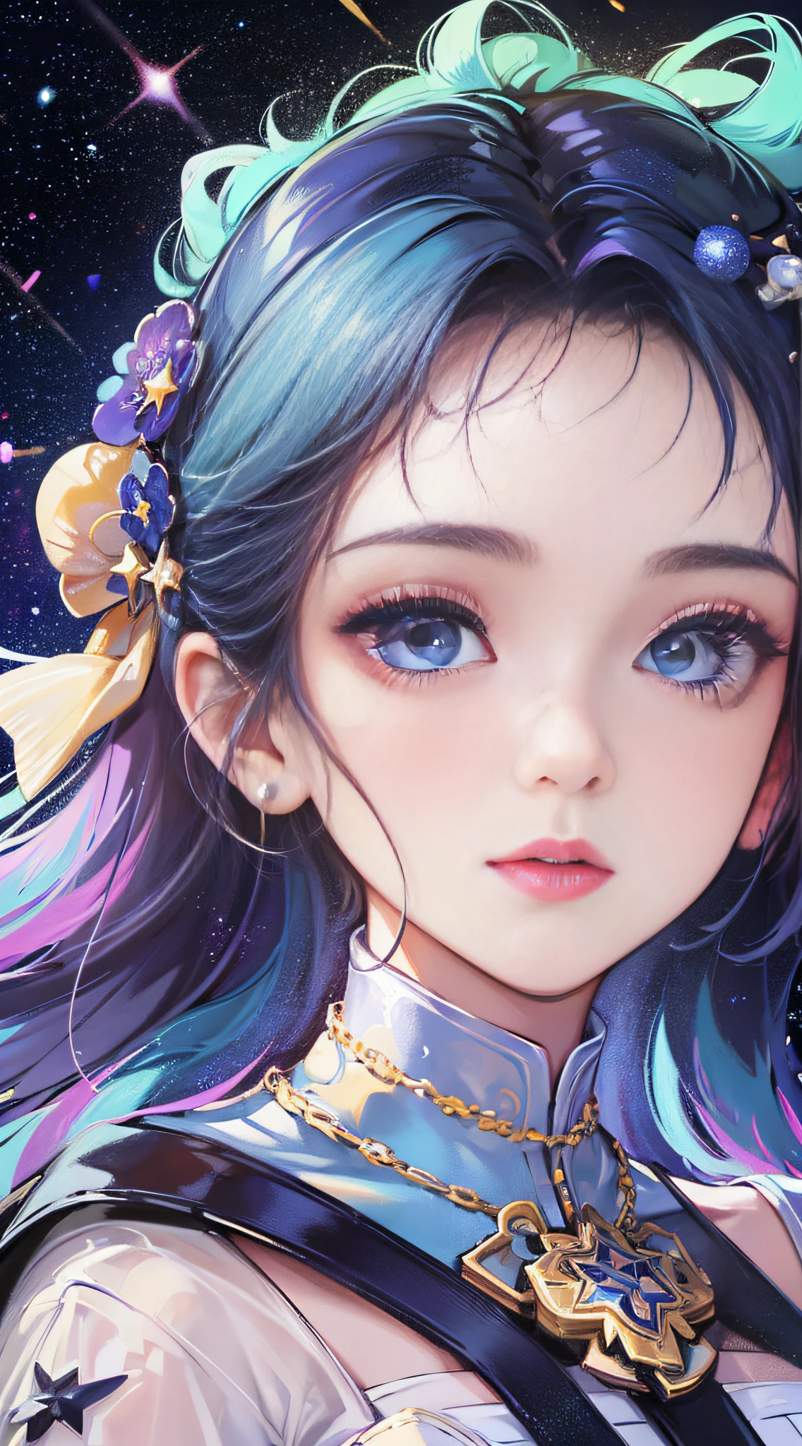 High detail, super detail, super high resolution, girl enjoying her time in the dream galaxy, surrounded by stars, warm light sprinkled on her, background is starry sky with colorful galaxies and galaxy clouds, stars flying around her, delicate face, adding playful atmosphere , --v6