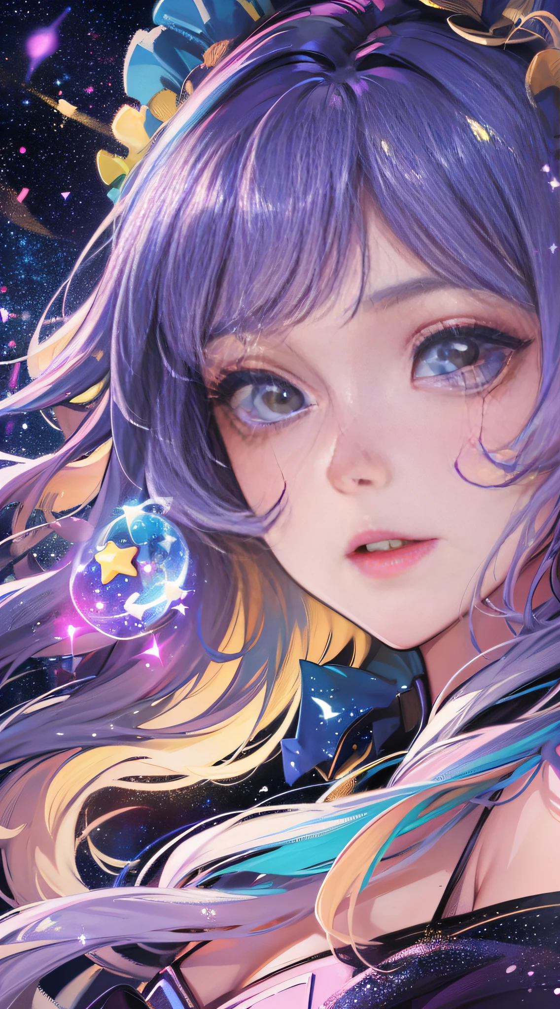 High detail, super detail, super high resolution, girl enjoying her time in the dream galaxy, surrounded by stars, warm light sprinkled on her, background is starry sky with colorful galaxies and galaxy clouds, stars flying around her, delicate face, adding playful atmosphere , --v6