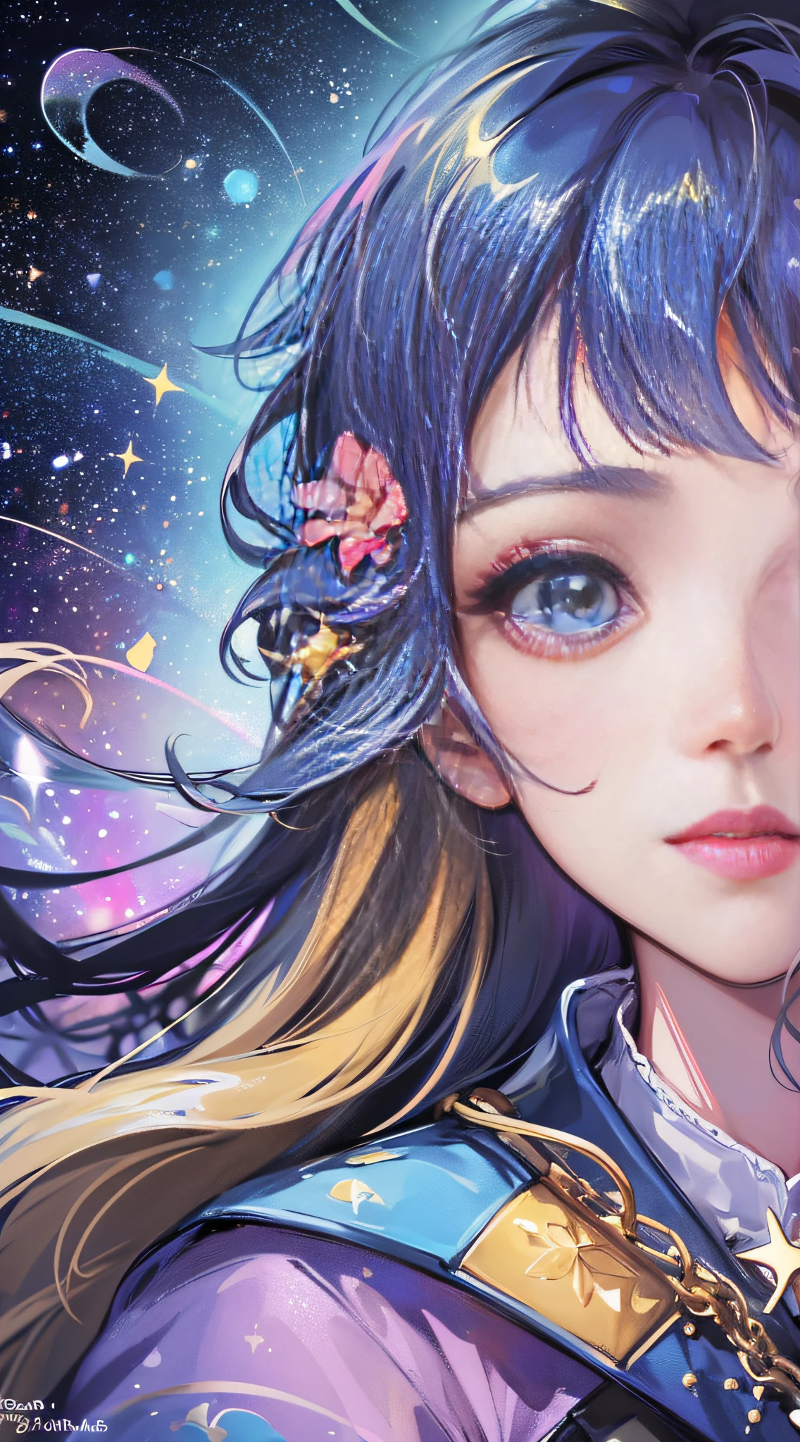 High detail, super detail, super high resolution, girl enjoying her time in the dream galaxy, surrounded by stars, warm light sprinkled on her, background is starry sky with colorful galaxies and galaxy clouds, stars flying around her, delicate face, adding playful atmosphere , --v6