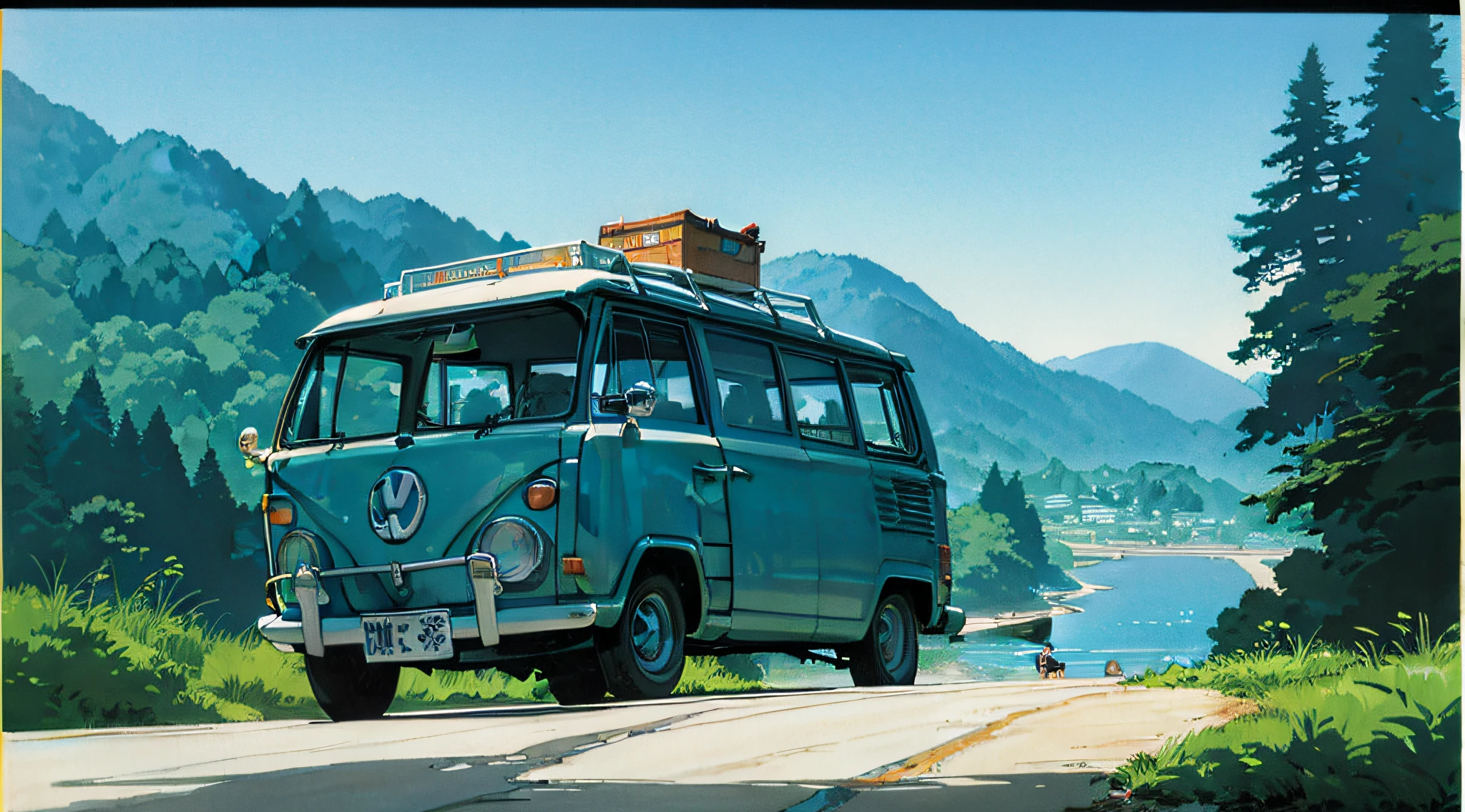 there is a van driving down the road near the beach, kombi, bulli, high quality desktop wallpaper, rob rey and kentaro miura style, amazing wallpaper, vw microbus driving, by Liam Wong, microbus, anime beautiful peace scene, kentaro miura art, by Yoshihiko Wada, vw bus on a street, 6 0 s anime art
