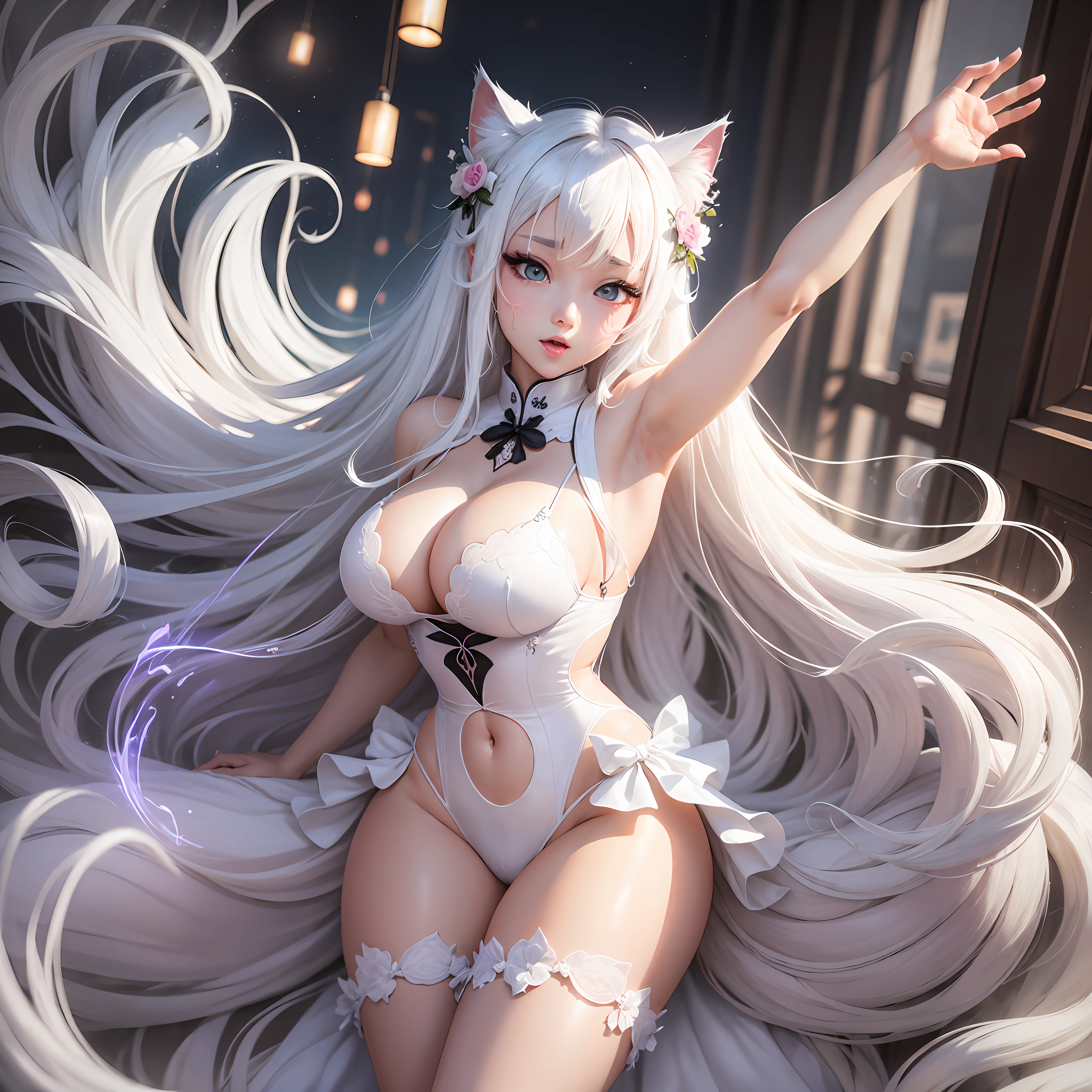 Cat Girl Beauty Big Tits White Liquid Four Arms Open Legs Long Hair White Hair Bikini Ecstasy Pleasure Shame Tanga Prom Dress Tail Cheongsam