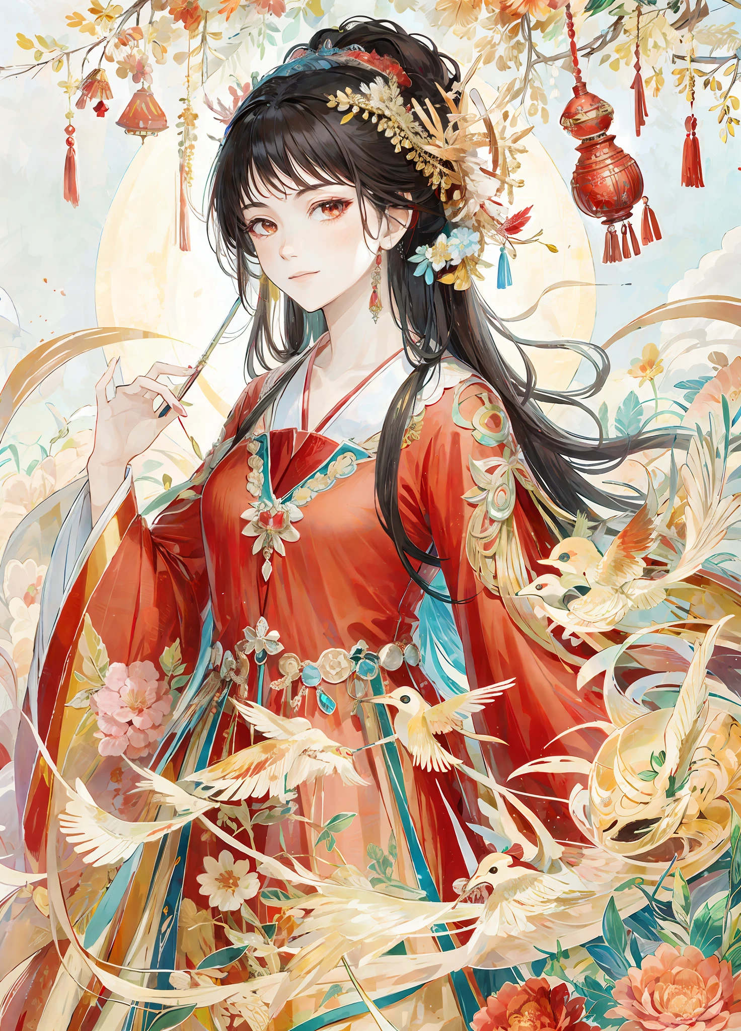 Masterpiece, high quality, 1 female, red neon feather dress, red gemstone, red jewelry, looking at the audience, East Asian architecture, upper body, headdress, ruby string, flowers of wealth on earth,