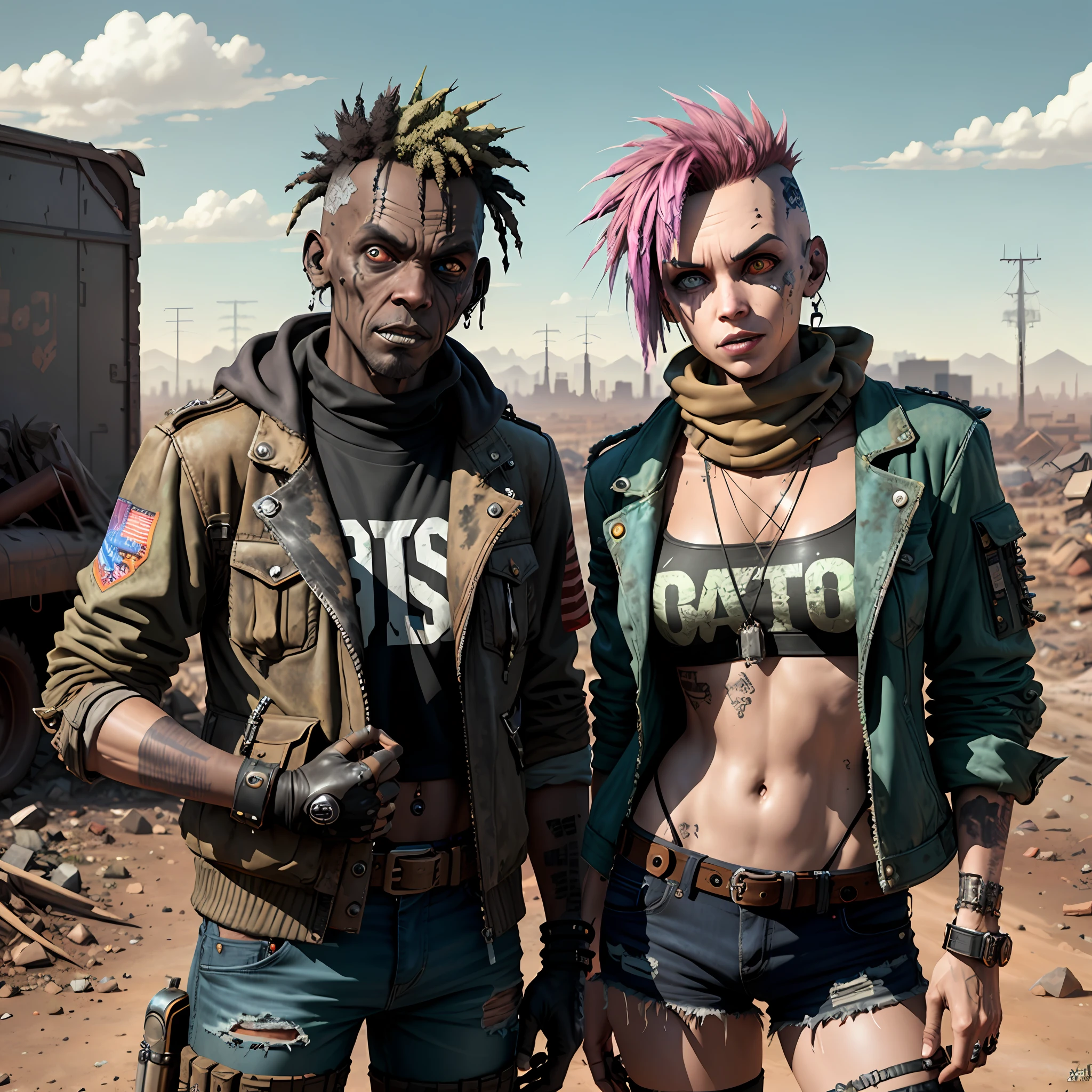 (Wasteland Punk), Best Picture, High Detail, Ultra Realistic, Interactive Expression, Graphic, Ruins, Neon Lights, Weathered Signs, Wall Climbing Plants, Black Smog, Spectacular Night Views, Explore the World with Us, New Characters, Spooky Robots, Diverse Monsters, Huge Towers in the City.