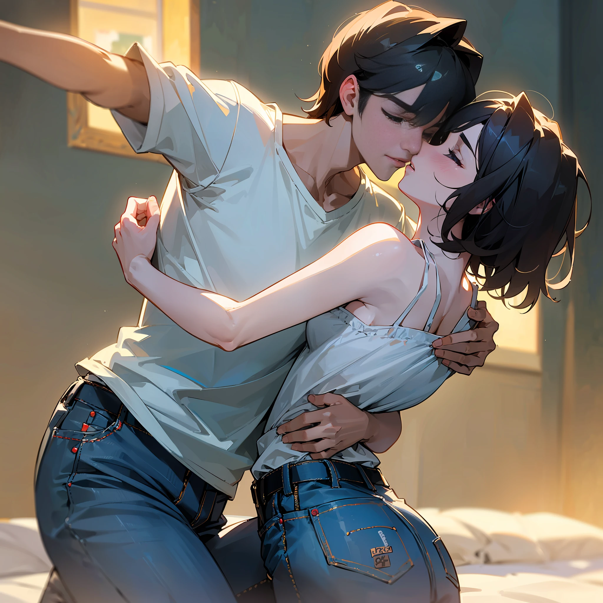 ((8k:1.27), top quality, masterpiece, ultra high definition:1.2),Man in his 20s wearing shirt and jeans, sexy 20s woman in camisole, attractive photo, digitally enhanced, unique design, very perfect position,passionate pose,intimate hug,couple kiss