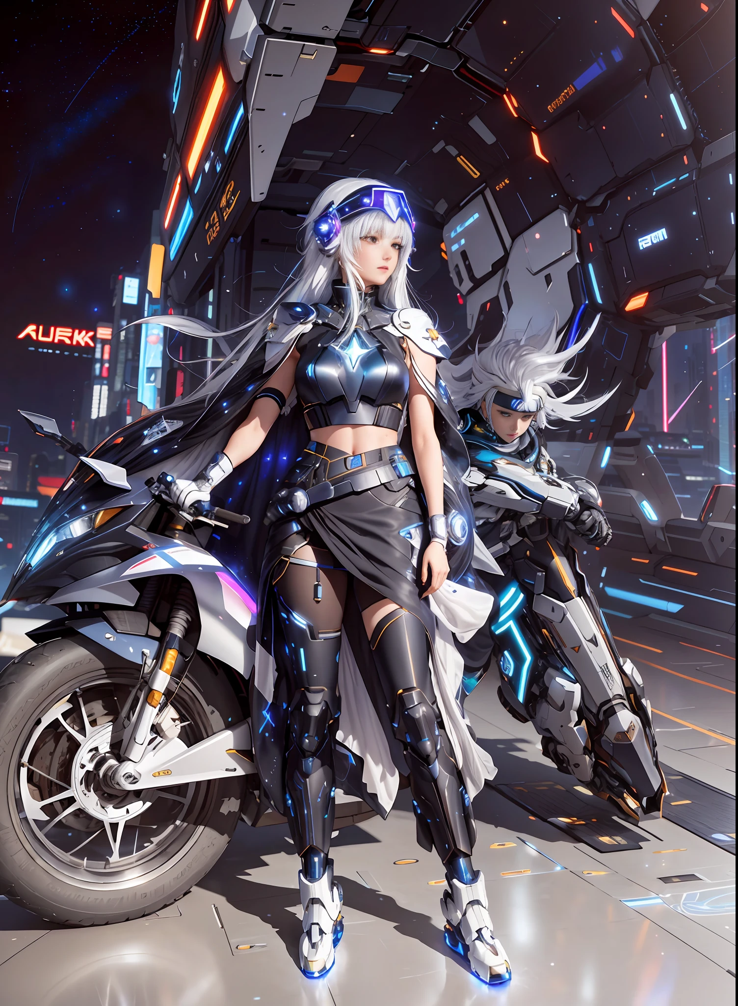 Masterpiece, Best Quality, 4K, Mecha, Crystal Helmet, Glow, Futuristic, Starry Sky, Sky, Stars \ (Sky \), Cloak, Headband, Long Legs, Long Hair, White Hair, Cyberpunk, Depth of Field, Blurred Background,