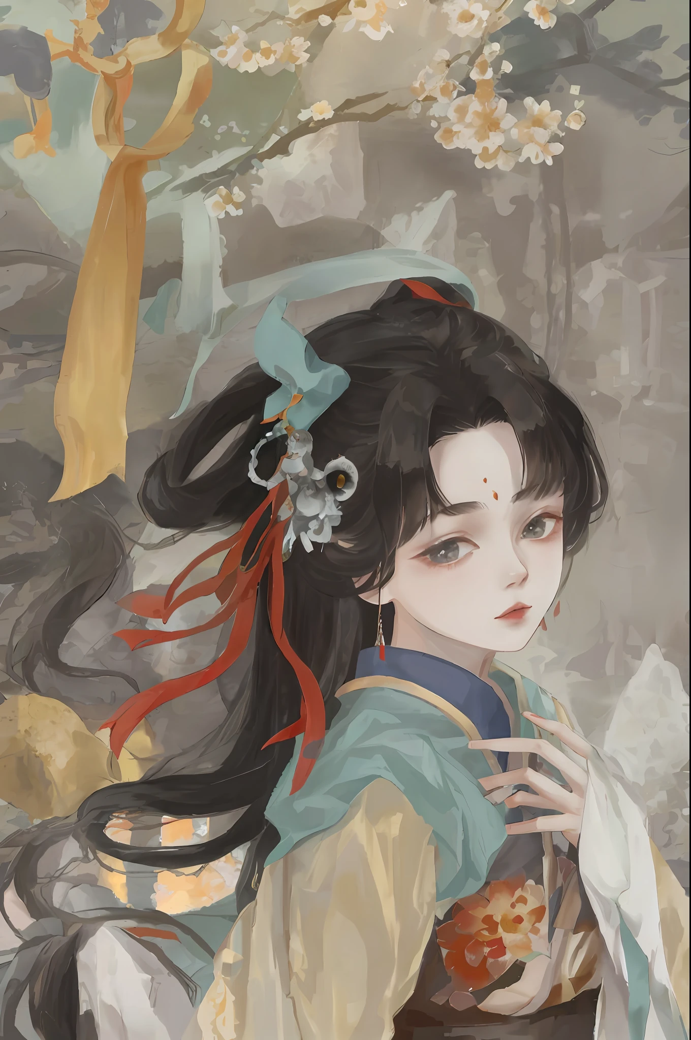 An ancient Chinese beauty sitting on a stone, wearing ancient Chinese clothing, flowing tulle, light silk, lazy posture, large lotus leaf, lotus, ink painting style, clean color, decisive cutting, blank, freehand, masterpiece, super detailed, epic composition, high quality, the highest quality, 4k --v 6
