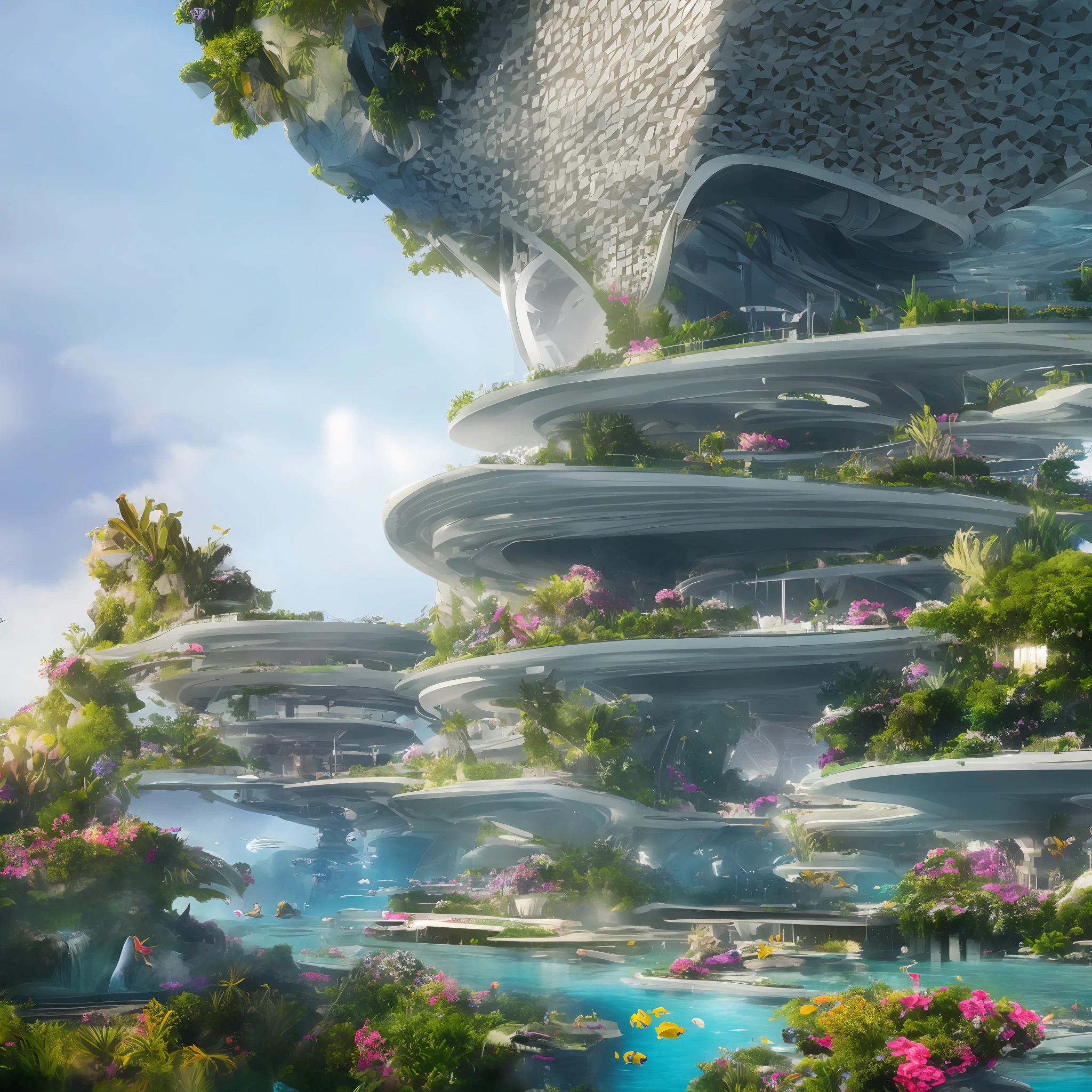 Science Fiction, Cities modern futuristic design large underwater city, futuristic underwater cityscape, a artificial waterfall and a pond with colorful flowers in the middle, nature meets underwater architecture, built inside ocean, realistic beehive architecture, organic underwater architecture, Reality very close to real nature, breathtaking render,city with underwater forest , advanced civilization technology,stunning architecture, luxury architecture, realistic fantasy render, by Zha Shibiao, epic and stunning, architectural visualization, epic architecture, concept art. 8 k --auto --v6 --s2