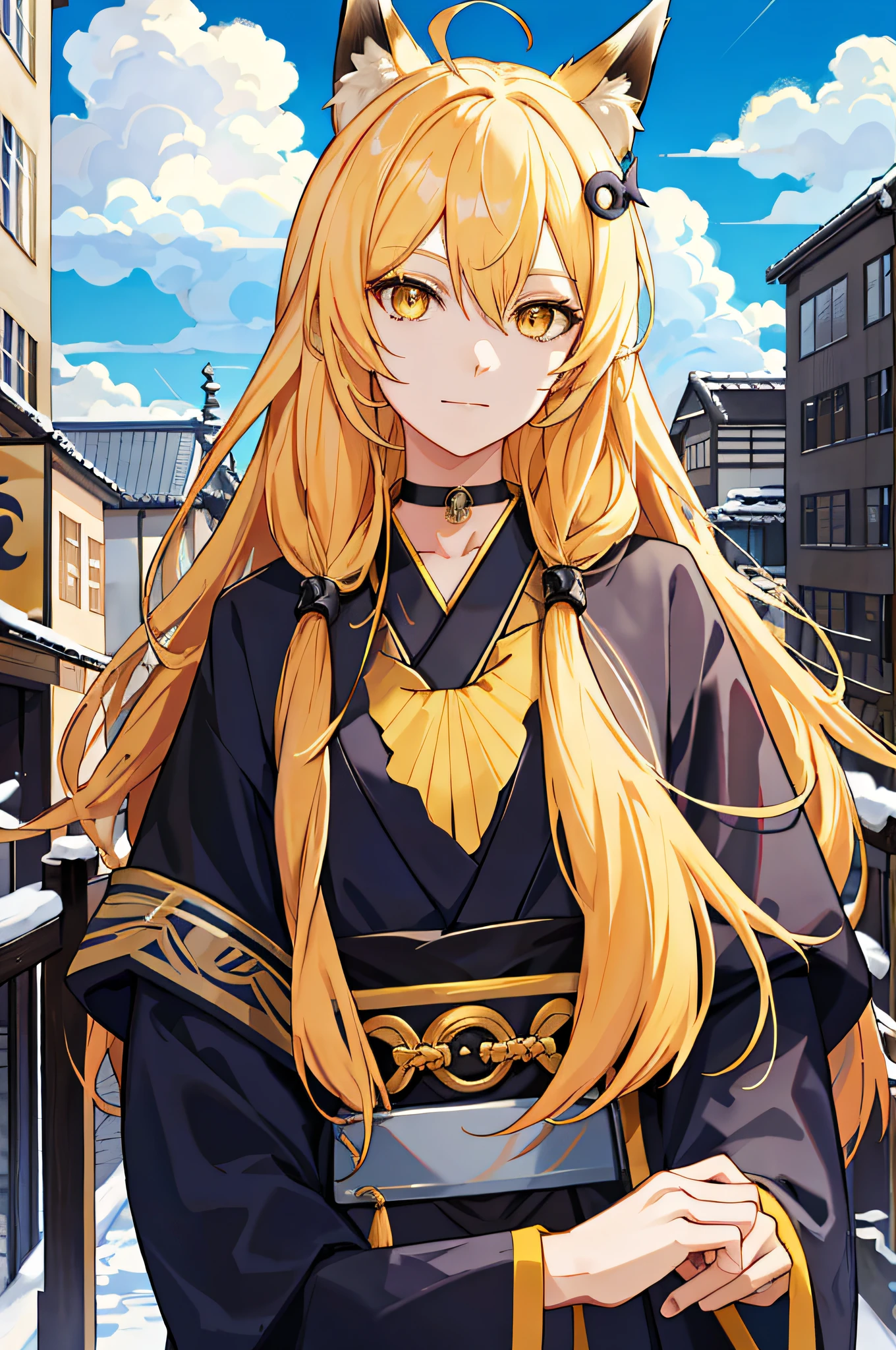 blonde long hair, Hecate, ahoge, blue black dress, fox ears, yellow eyes, fur collar, upper body, japanese clothes, jewelry, looking at viewer, hair ornament, choker, shy, (masterpiece, top quality, best quality, official art, beautiful and aesthetic:1.2), (1 girl), extreme detailed, colorful, highest detailed, city,street, leaning, wall, sun, cloud,
