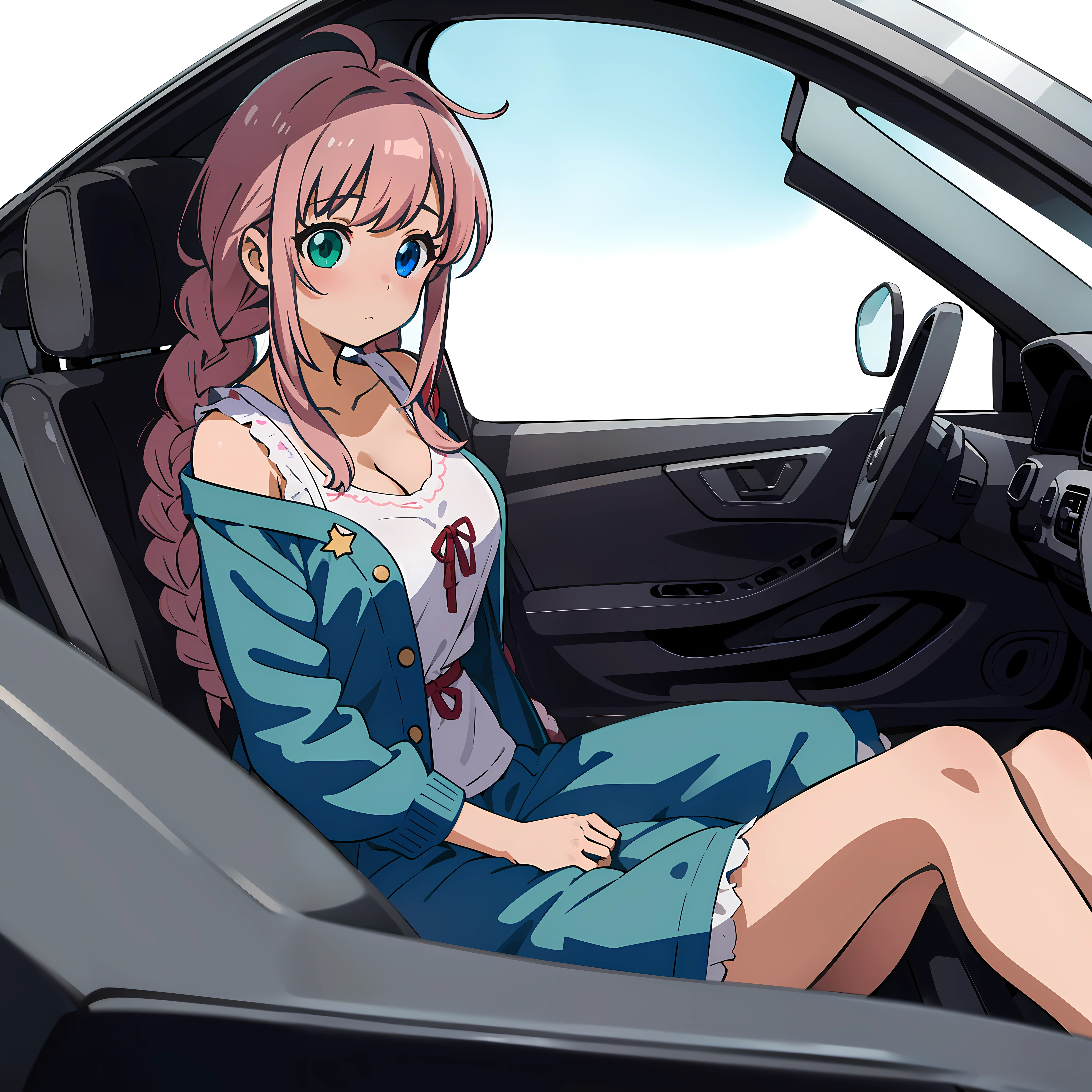 Anime illustrations in the style of "Kyoto Animation", highest quality, (cute: 1.1), (cute), (high resolution: 1.2), incredibly ridiculous: 1.3, incredibly fine illustrations, break 1 beautiful girl, Solo, (heterochromia, light blue eyes and light green eyes), silhouette of star eyes, solo, angle from above, chest up, cleavage, big breasts, break, braid, light pink hair, semi-long hair, red ribbon at the end of braid, black cardigan, collarbone, shoulders visible, open chest white blouse, blue jeans, break, in the car, while driving the car, sitting in the driver's seat, hands holding the steering wheel