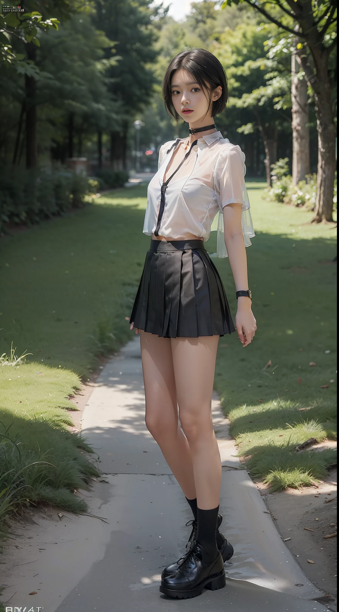 18 years old female, long hair, RAW photo, bokeh (realism: 1.4, realistic), high detail CG unified 8K wallpaper, 1girl, ((slim body: 1)), (small breasts: 1), back to viewer, ((direct view from the front)), (HQ skin: 1.4), 8k uhd, dslr, soft light, high quality, film grain, Fujifilm XT3, ((school uniform, short skirt,choker,see through shirt:1.5)), ((outdoor, at park))) jangjoo, portrait,((Layered short Haircut, black hire,small breast:1.2)),(looking at viewer:1.4),(full body:1.8)