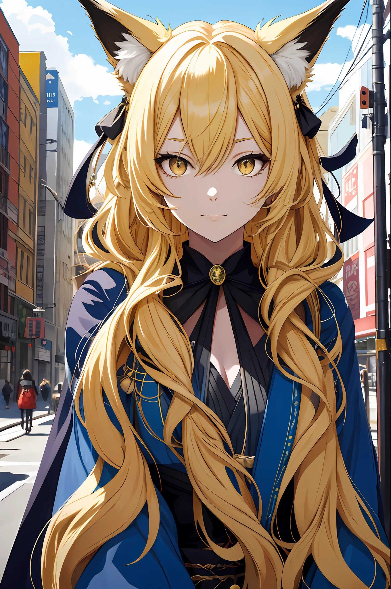 blonde long hair, Hecate, ahoge, blue black dress, fox ears, yellow eyes, fur collar, upper body, japanese clothes, jewelry, looking at viewer, hair ornament, choker, shy, (masterpiece, top quality, best quality, official art, beautiful and aesthetic:1.2), (1 girl), extreme detailed, colorful, highest detailed, city,street, leaning, wall, sun, cloud,