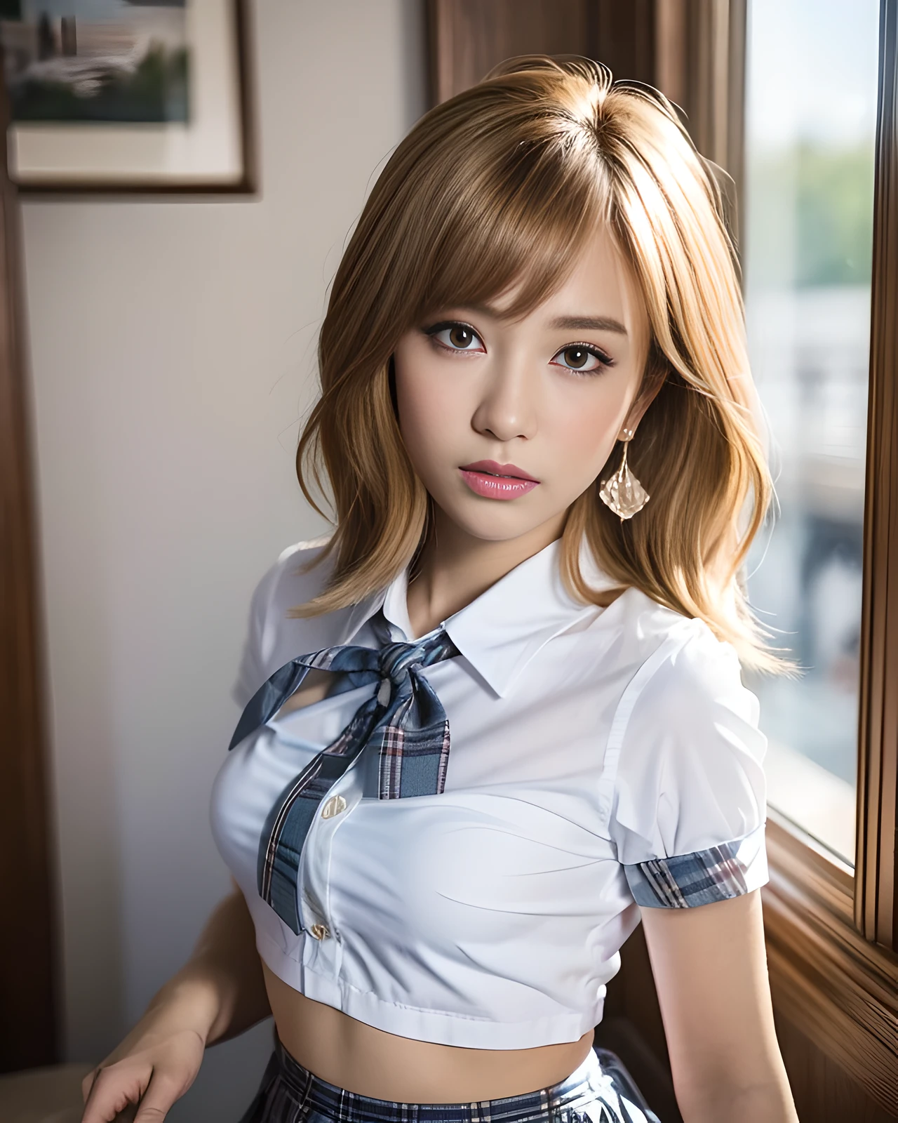 (8k, RAW photos, highest quality, masterpiece: 1.2), ultra detailed, ultra high resolution, (realistic, photoreal: 1.37), high detail RAW color photos, professional photos, depth of field, Very delicate and beautiful, highly detailed 8k wallpapers, highly detailed CG Unity 8k wallpapers, Very detailed beautiful girl, very detailed face, very detailed eyes, very detailed skin, very detailed fingers, Highly detailed nose, very detailed mouth, perfect anatomy, highly detailed background, very detailed clothes, 1 girl, (20 years old: 1.2), cute girl, idol of famous Japan, cute, realistic body, petite, fair skin, shiny skin, slender figure, good figure, (bright blond hair: 1.5), (short hair), (dull bangs: 1.2), smile, cute, young, cute face, Baby face, realistic face, beautiful detailed eyes, drooping eyes, beautiful big eyes, big black eyes, beautiful clear eyes, (school uniform: 1.2), ribbon, white collar shirt, (micro mini skirt: 1.5), (plaid mini skirt: 1.5), short sleeves, dark blue high socks, sexy white thongs, earrings, (JK), (white panties), ( Panty Shots: 1.6), (Panties), Cowboy Shots, Facing Front, (Sexy Pose: 1.6), Contrapost, (Luxury Hotel Living Room: 1.2), Soft lighting,