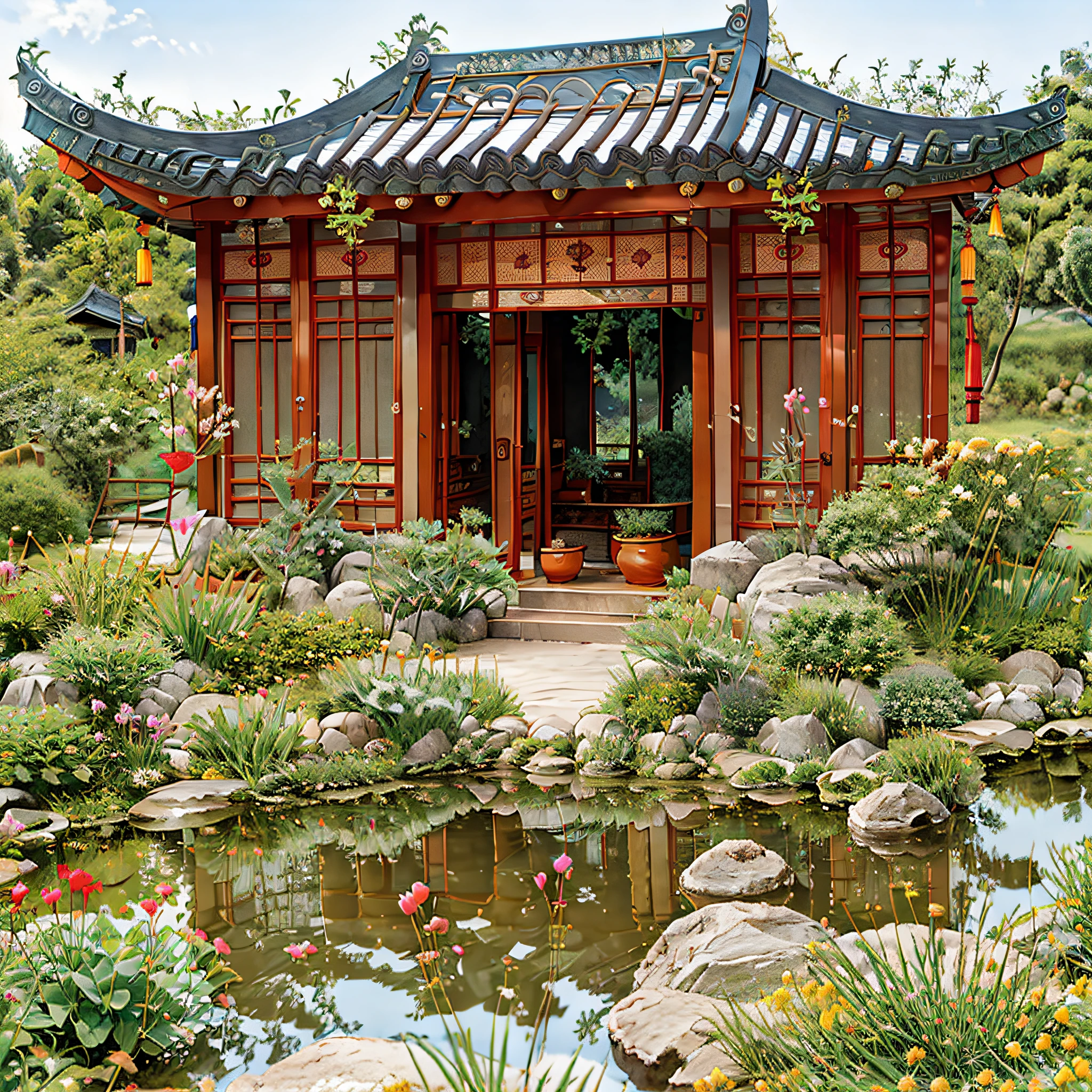 Top quality, Chinese style house, pond, rockery, flowers and plants, --auto --s2