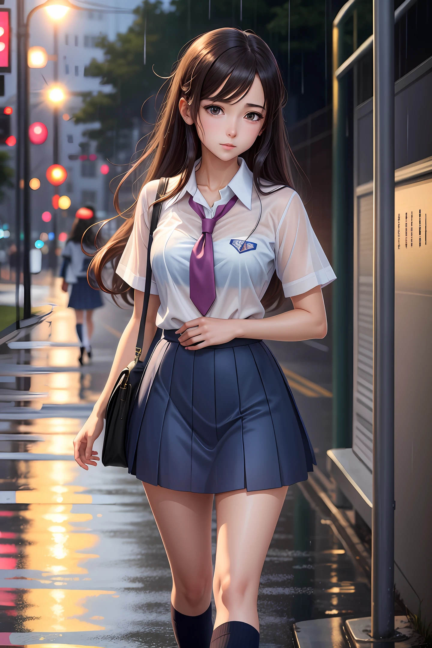 anime girl in school uniform walking down the street with a bag, a hyperrealistic student, hyperrealistic student, realistic student, beautiful high school anime girl, attractive anime girl, seductive anime girl, beautiful anime girl, anime girl, realistic anime style 3d, cute anime girl, beautiful anime girl, young anime girl, soft anime cg art anime, school girl, sexy, girl, transparent clothing, wet, raining, night reflection, brightness, lots of rain, water, wet, wet body, rain