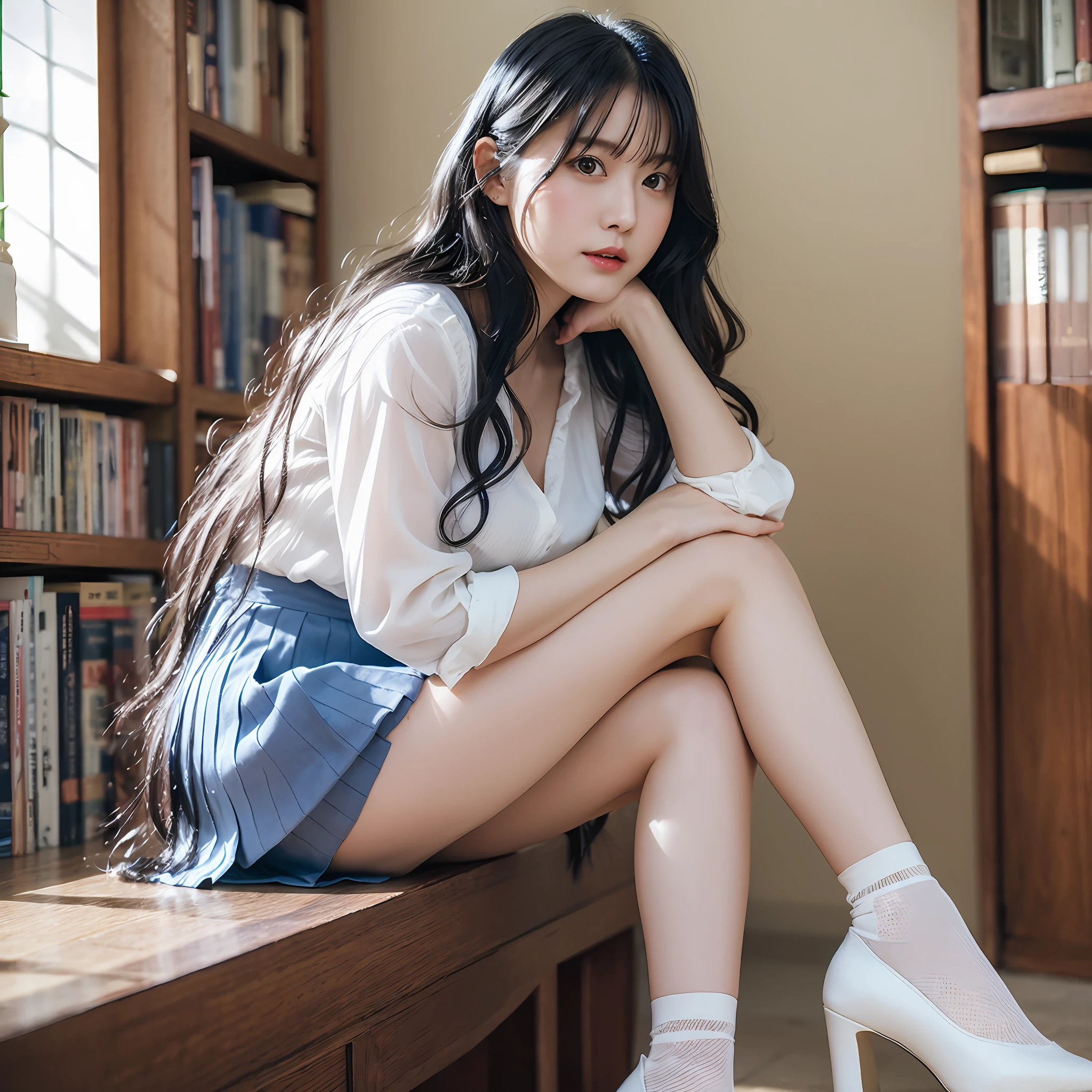 Photorealistic, live action, pale light, 22 year old beautiful gravure idol, white blouse, blue skirt, loose wavy black hair, white ankle socks, high heels, library background --auto --s2