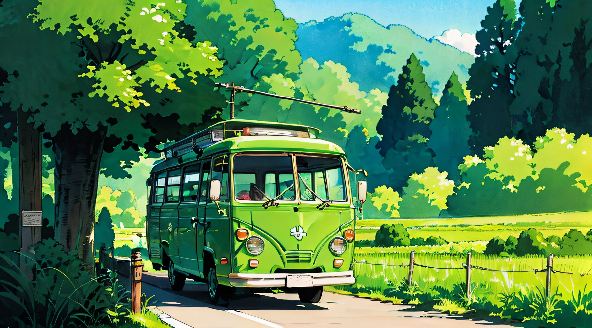 there is a green and white bus driving down the road, amazing wallpaper, kombi, high quality wallpaper, wallpaper mobile, high quality desktop wallpaper, bulli, hd wallpaper, iphone wallpaper, wallpaper 4k, wallpaper 4 k, rob rey and kentaro miura style, bussiere rutkowski andreas rocha, jen bartel