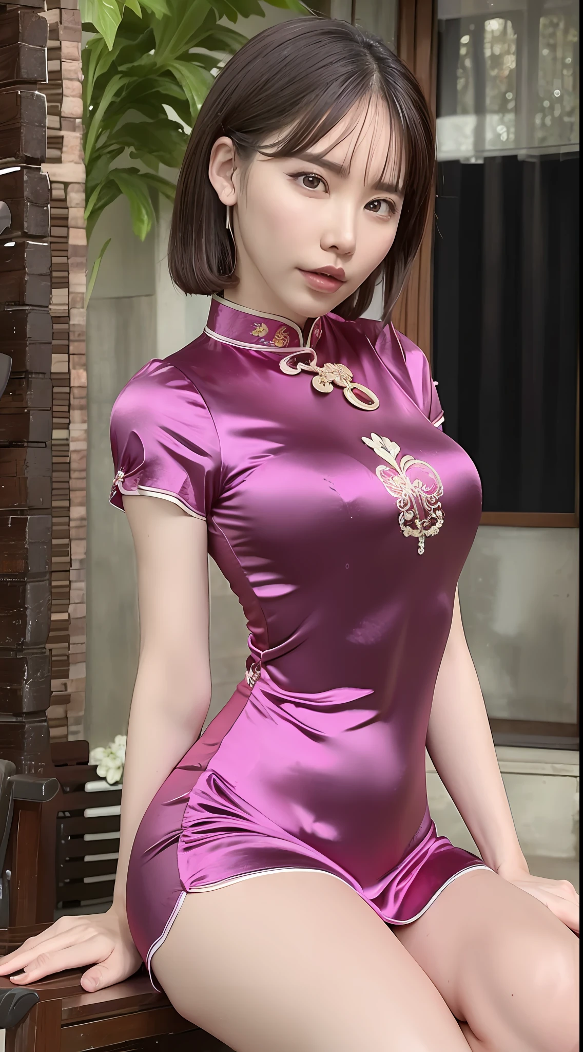 Best quality, best image quality, highest resolution, super detail, cheongsam, short sleeve long cheongsam, cheongsam material is satin, shiny and soft and smooth to the touch, tight cheongsam, no underwear is worn, Chest is C cup, full body shooting so that the face can also enter, the subject is alone, taken outdoors, soaking wet, sweaty,