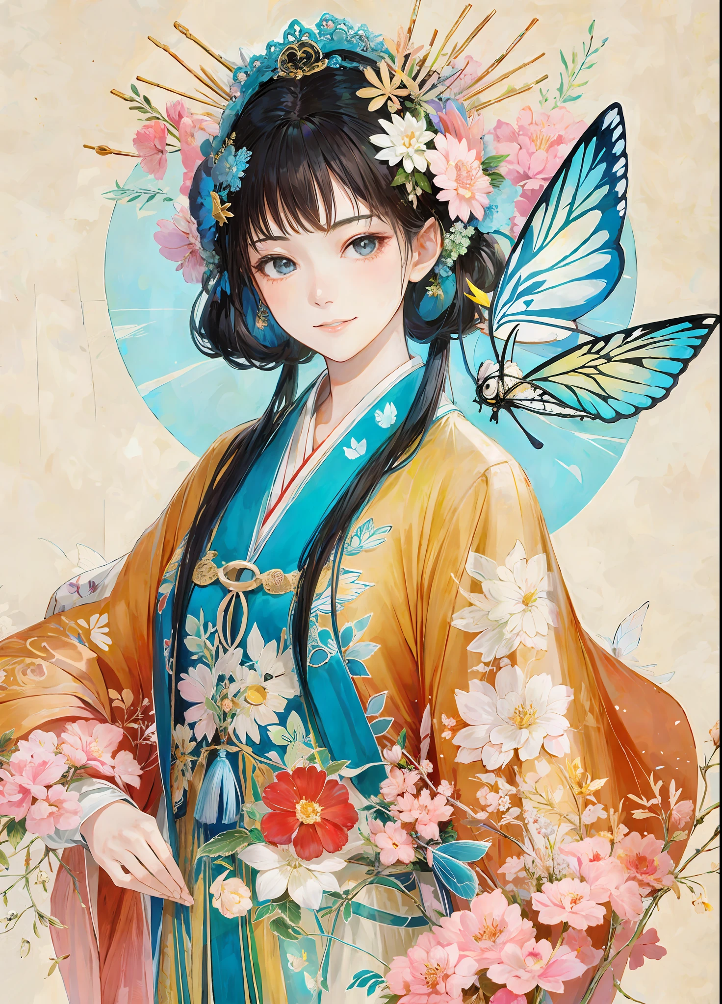 masterpiece, high quality,1girl,looking at viewer,east asian architecture,moon,butterfly, upper body,