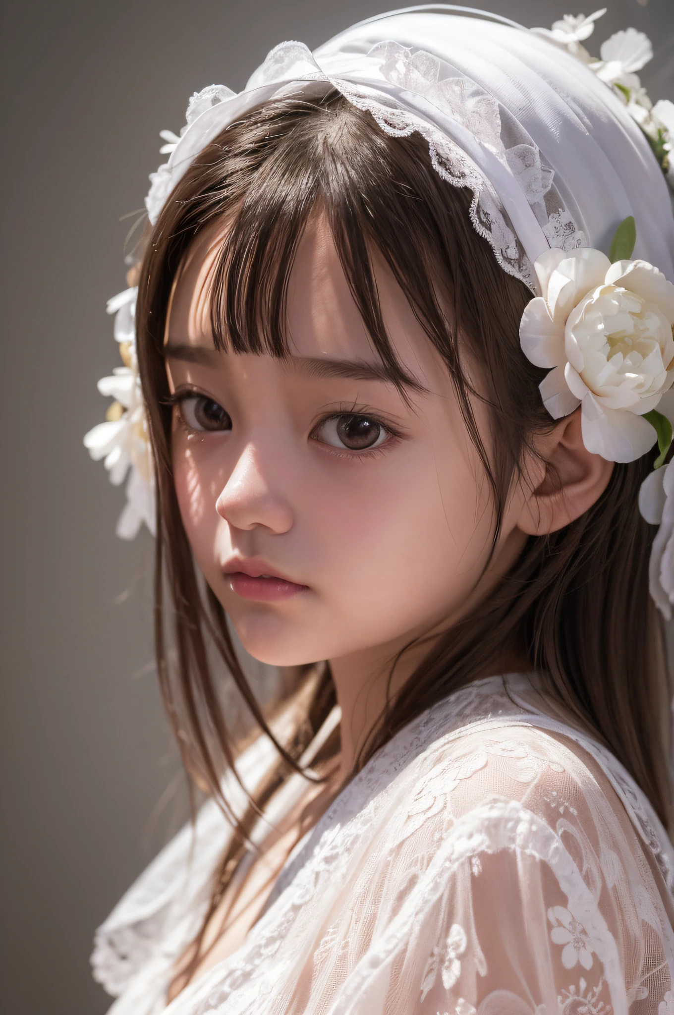 An artist's AD, 10 year old girl, wearing a white floral dress in a flowy and dreamy style, Asian style, rendered in cinema4d, made of crystal, balloon forest theme, fantastic colors, detailed design, soft-focus portrait -- 3:4--v 5.1--s 750 --iw 2