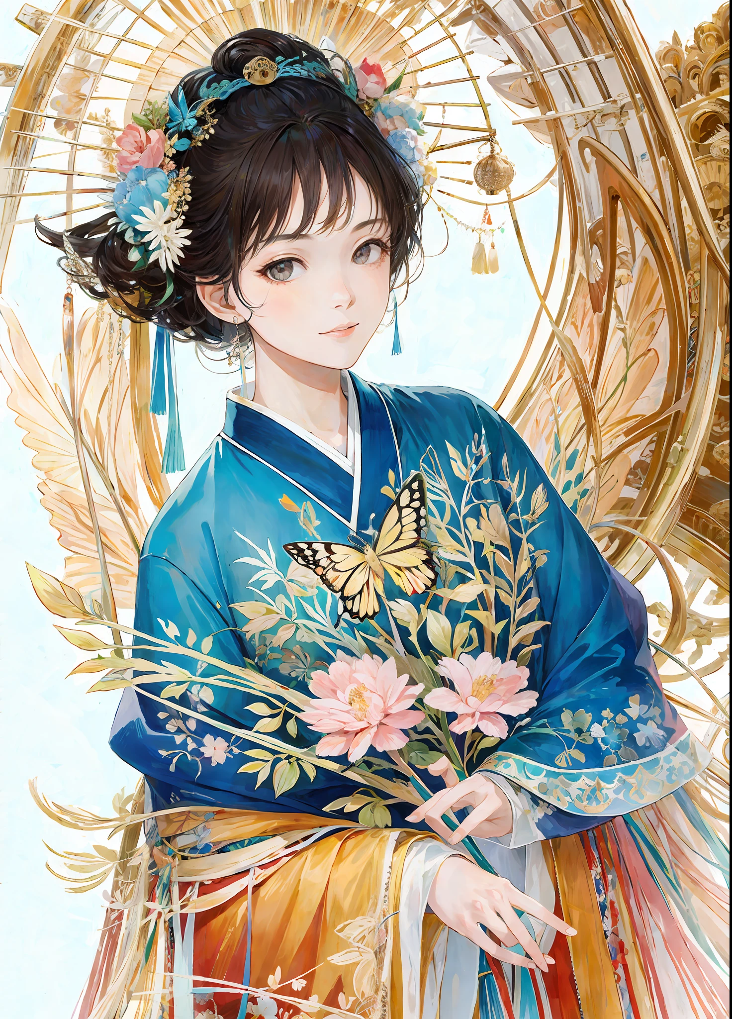 masterpiece, high quality,1girl,looking at viewer,east asian architecture,moon,butterfly, upper body,