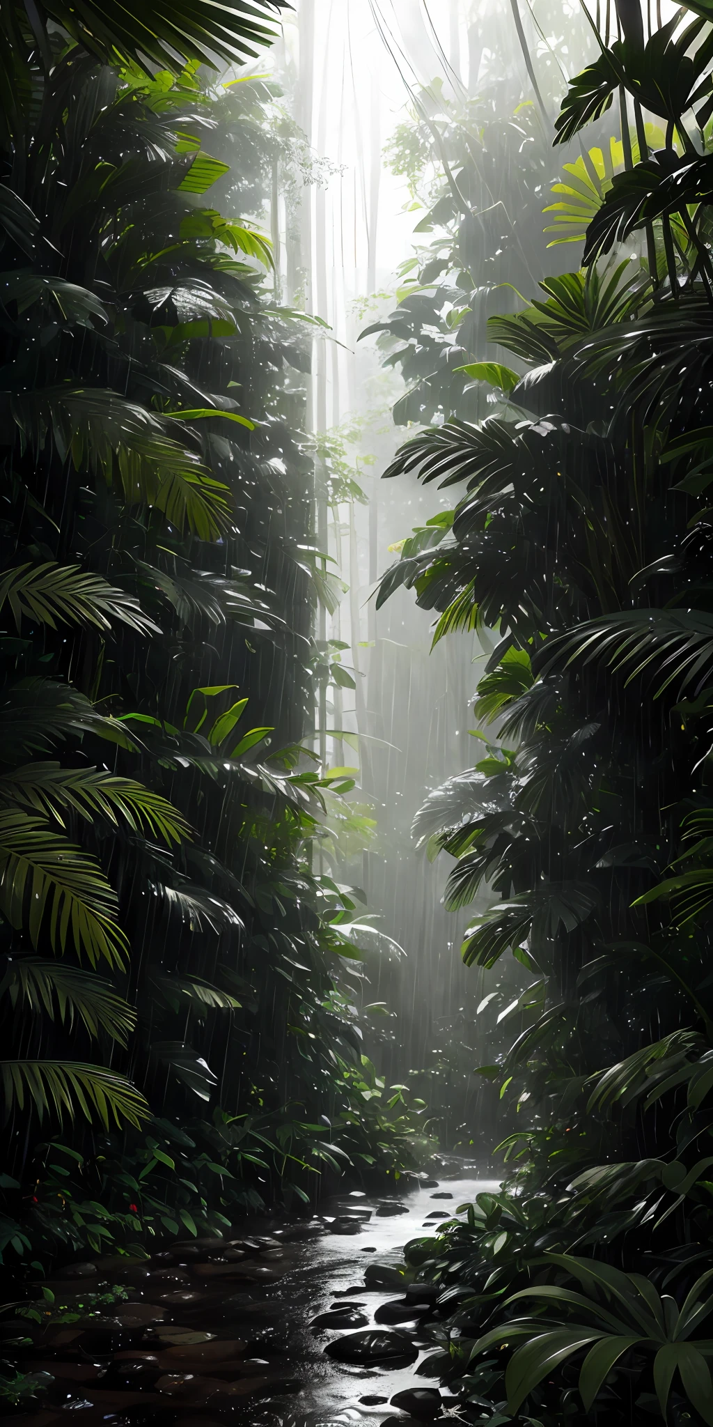 Jungle, heavy rainfall, monochrome, vines everywhere, huge and humid trees, masterpiece, best quality, high quality, very detailed CG unified 8k wallpaper, oil painting, award-winning photography, bokeh, depth of field, HDR, bloom, color difference, realism, very detailed, trends on artstation, trends on CGSociety, intricate, high detail, drama, midjourney art, volumetric lighting