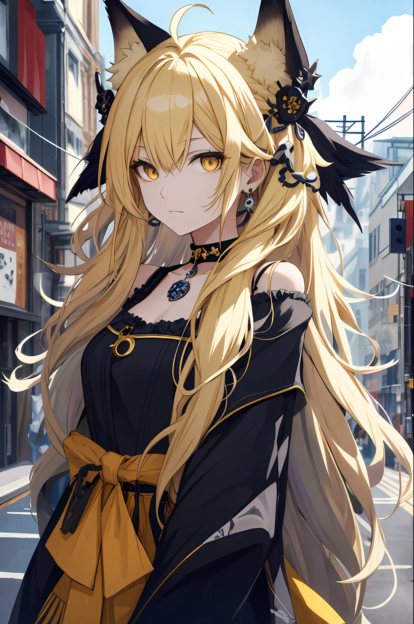 blonde long hair, Hecate, ahoge, blue black dress, fox ears, yellow eyes, fur collar, upper body, japanese clothes, jewelry, looking at viewer, hair ornament, choker, shy, (masterpiece, top quality, best quality, official art, beautiful and aesthetic:1.2), (1 girl), extreme detailed, colorful, highest detailed, city,street, leaning, wall, sun, cloud,