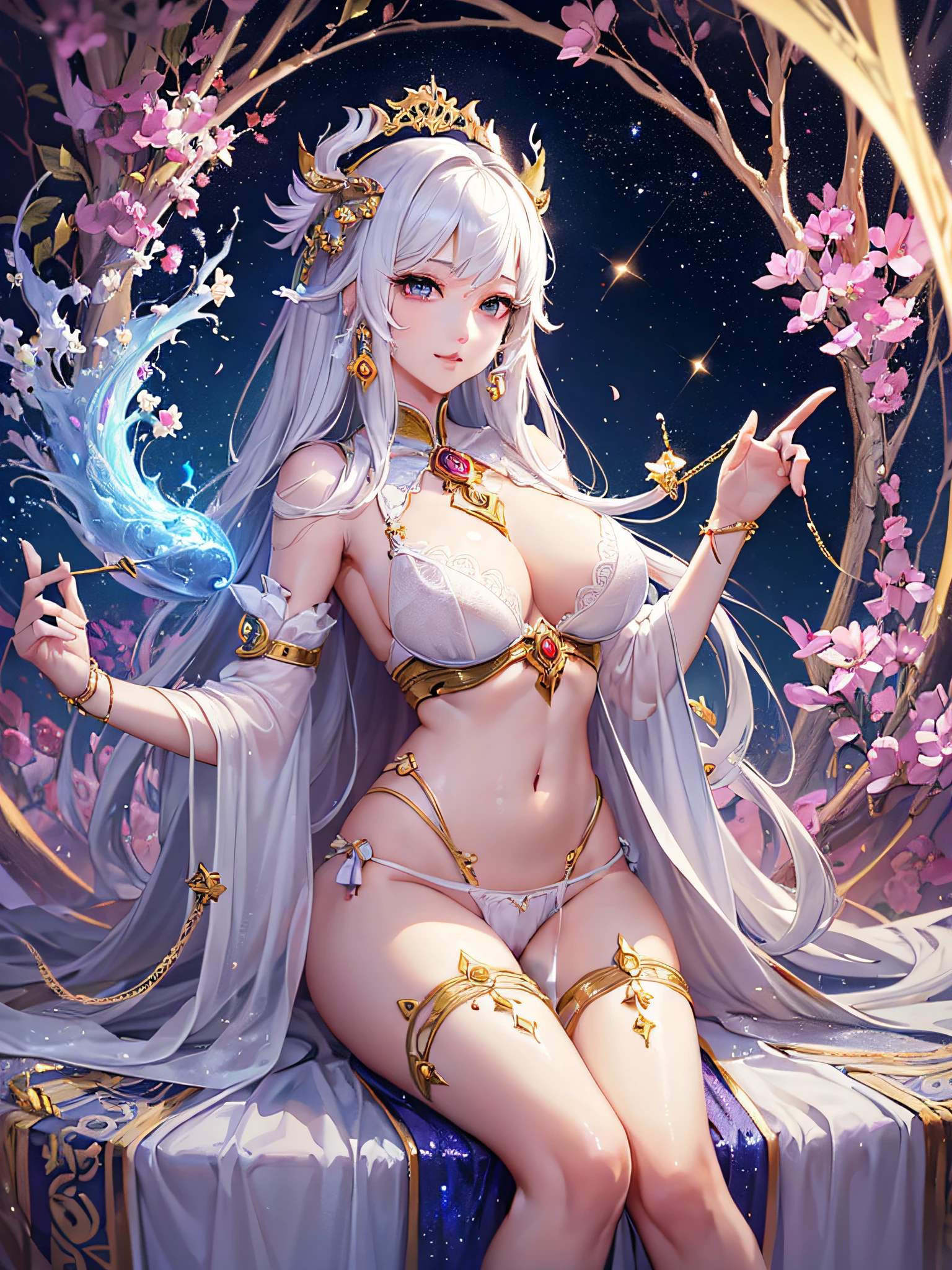 Very detailed and pretty eye depiction, (very realistic, (white bra: 1.3), (white panties: 1.3)), very accurate hand and finger depiction, accurate human body structure, sheer, pretty, sheer, cute Beautiful girl in underwear, anime girl with long hair and star dress on background, beautiful celestial mage,! Dream Art Bacteria, Full Body Xianxia, Yang J, ((Beautiful Fantasy Empress)), Highly Detailed Art, Heavenly Goddess, Fantasy Art Style, Galactic Goddess, Beautiful Fantasy Empress, 8k High Quality Detailed Art, Anime Goddess