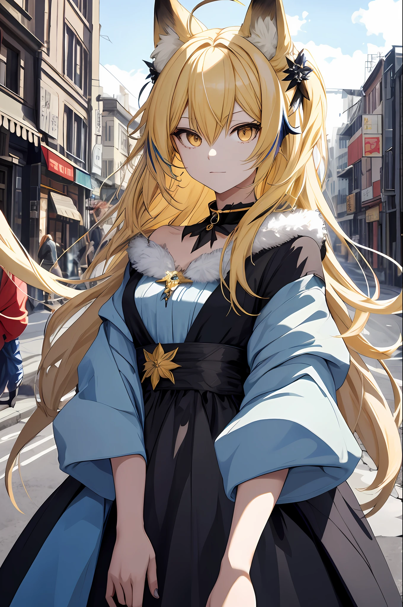 blonde long hair, Hecate, ahoge, blue black dress, fox ears, yellow eyes, fur collar, upper body, japanese clothes, jewelry, looking at viewer, hair ornament, choker, shy, (masterpiece, top quality, best quality, official art, beautiful and aesthetic:1.2), (1 girl), extreme detailed, colorful, highest detailed, city,street, leaning, wall, sun, cloud,