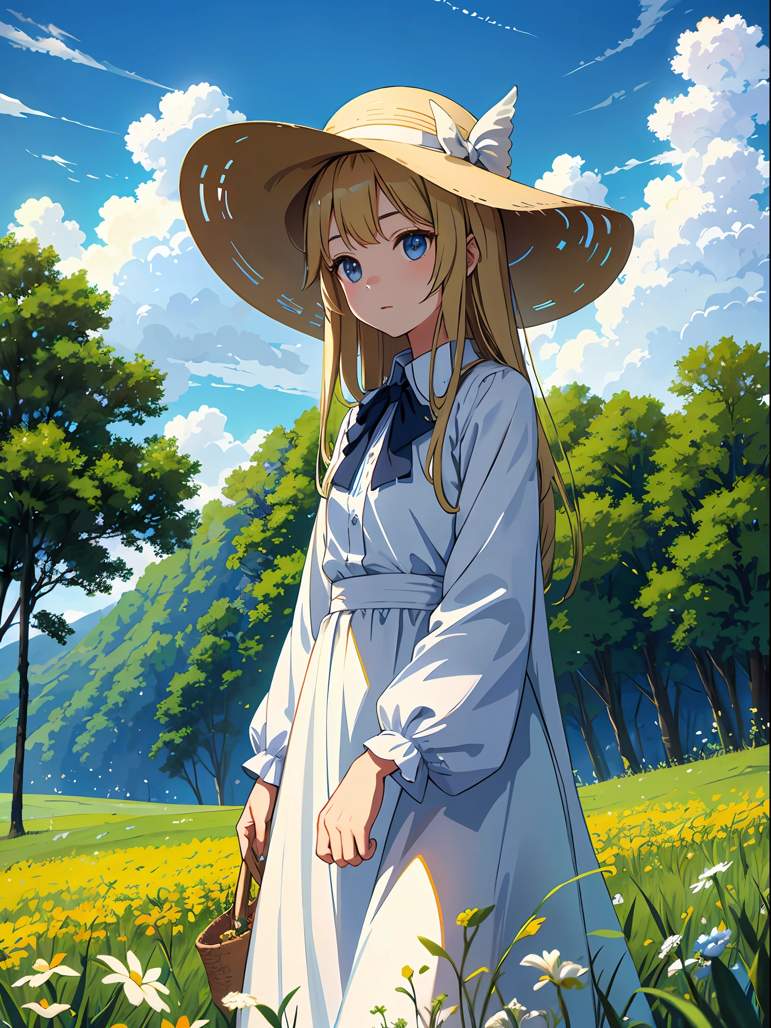 Prairie, a beauty with a sunhat standing on the prairie, big clouds, blue sky, meadow, forest, hillside, secluded, tourist attraction, HD detail, hyper-detail, cinematic, surrealism, soft light, deep field focus bokeh, ray tracing and surrealism. --v6
