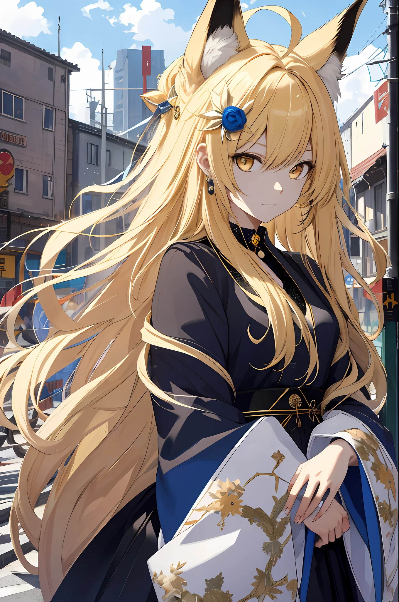 blonde long hair, Hecate, ahoge, blue black dress, fox ears, yellow eyes, fur collar, upper body, japanese clothes, jewelry, looking at viewer, hair ornament, choker, shy, (masterpiece, top quality, best quality, official art, beautiful and aesthetic:1.2), (1 girl), extreme detailed, colorful, highest detailed, city,street, leaning, wall, sun, cloud,