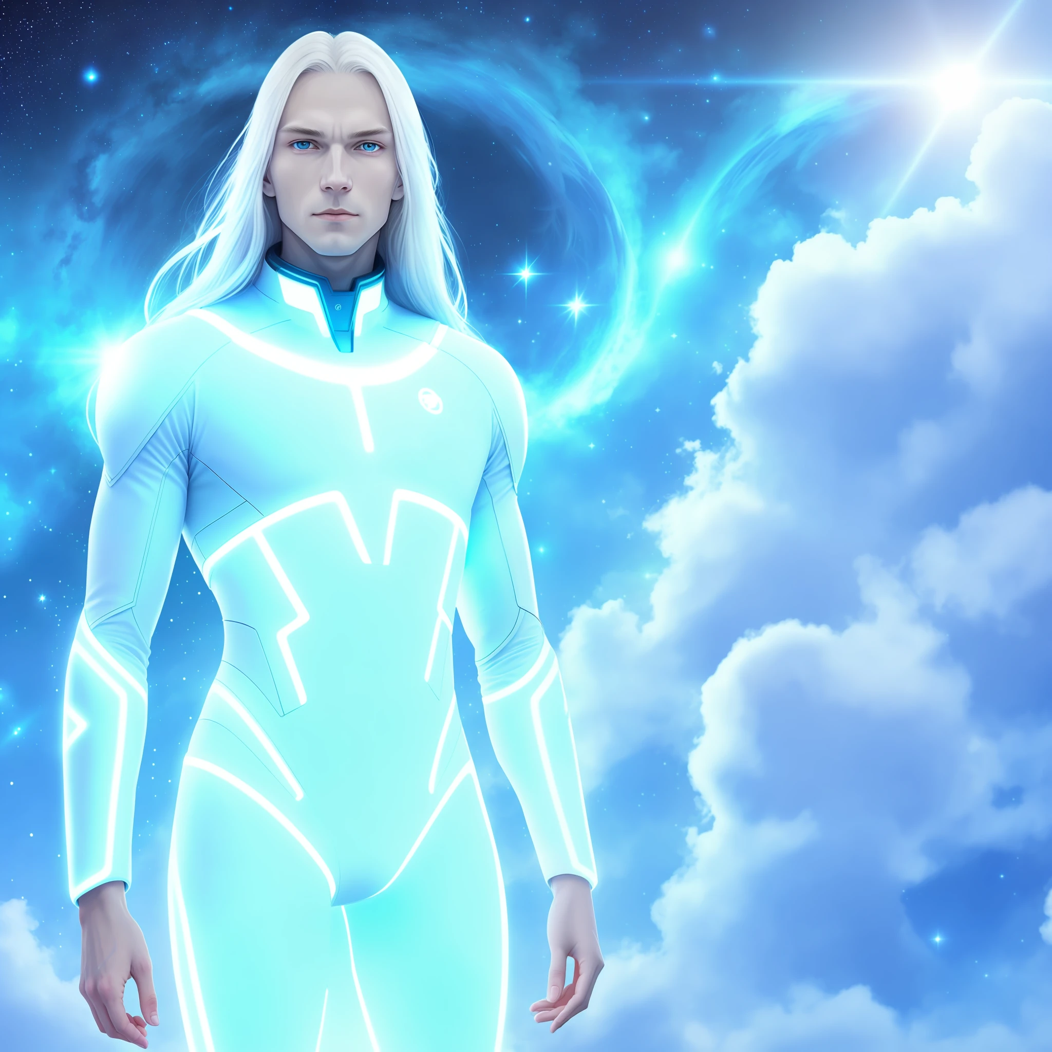 nordic pale man slender type of appearance, kind face, round face, friendly face, white long hair, white skin, luminous alien tight suit, blue eyes, thin body, spiritual, symmetrical, background starry space, spaceship, direct light, sci-fi technology, soft light, UHD, micro detail, cinematic