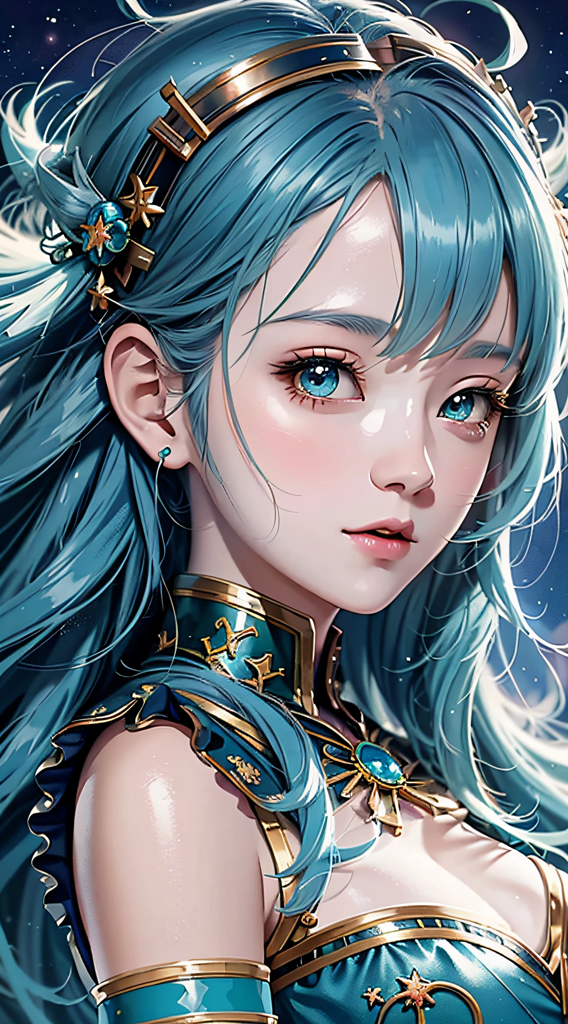 Close-up of 1 woman with blue hair and blue dress, anime girl with cosmic hair, cute detailed digital art, fantasy art style, anime style. 8k, beautiful anime girl, beautiful digital illustration, 8k high quality detail art, beautiful celestial mage, beautiful digital artwork, anime girl with blue-green hair, sky blue. Detailed hair