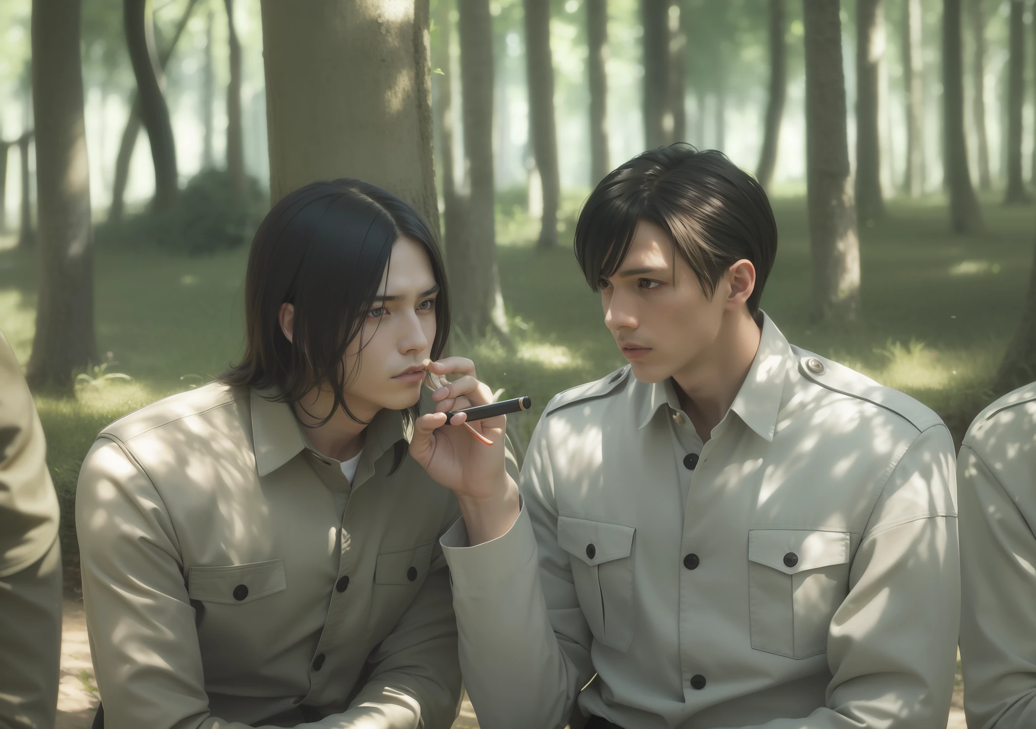 best quality, masterpiece, (realistic: 1.2), 2 men, Eren Jaeger, 
Eren Kruger, real life, live action, black jeans, black pants, brown hair, attack on Titan, long hair, high definition, high quality, gigachad, smoking, cigarette, big head, soldiers, war costume