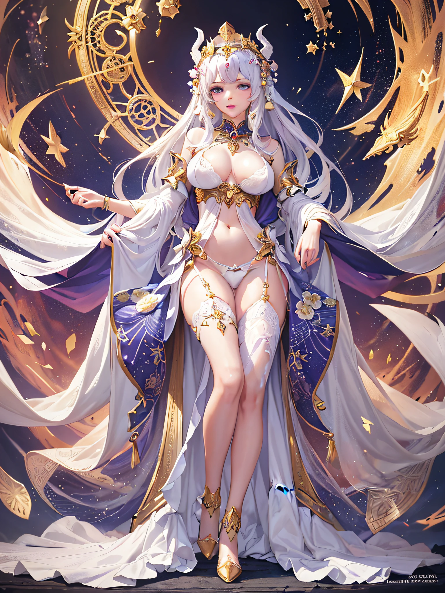 Very detailed and pretty eye depiction, (very realistic, (white bra: 1.3), (white panties: 1.3)), very accurate hand and finger depiction, accurate human body structure, sheer, pretty, sheer, cute Beautiful girl in underwear, anime girl with long hair and star dress on background, beautiful celestial mage,! Dream Art Bacteria, Full Body Xianxia, Yang J, ((Beautiful Fantasy Empress)), Highly Detailed Art, Heavenly Goddess, Fantasy Art Style, Galactic Goddess, Beautiful Fantasy Empress, 8k High Quality Detailed Art, Anime Goddess